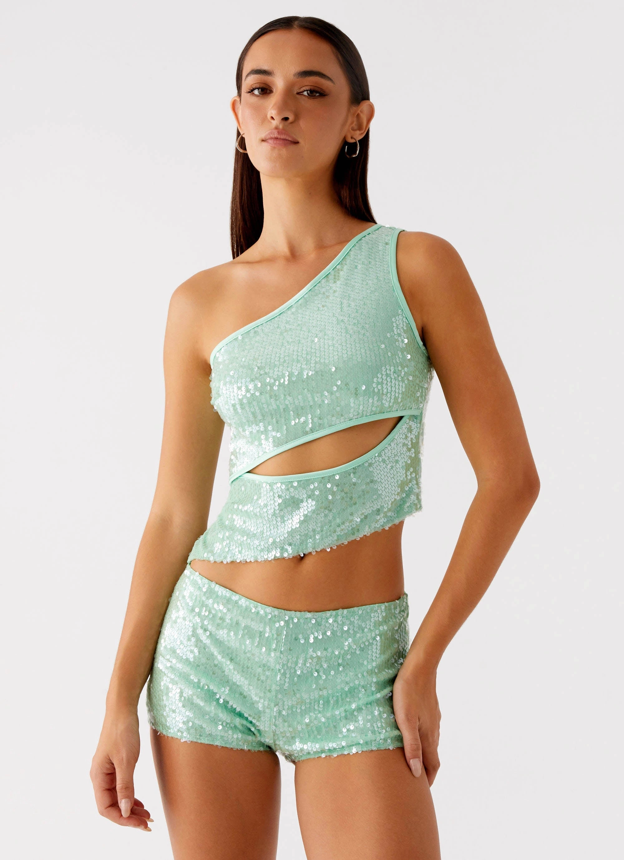 Travis Sequin Top - Sage Bound Seam Finish