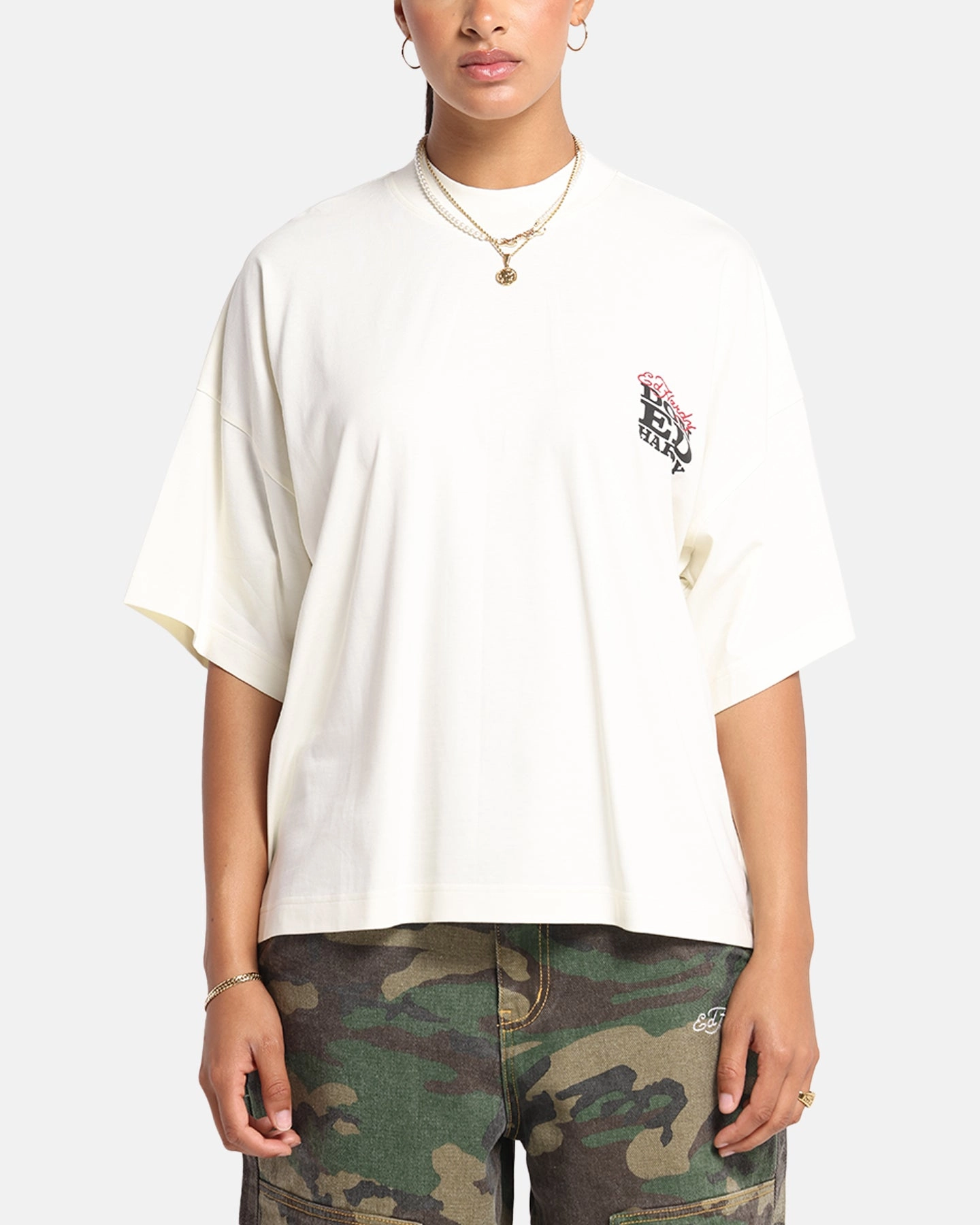 Tapered Side Panels Ed Hardy Rose Skull Oversized Print T-Shirt Off White