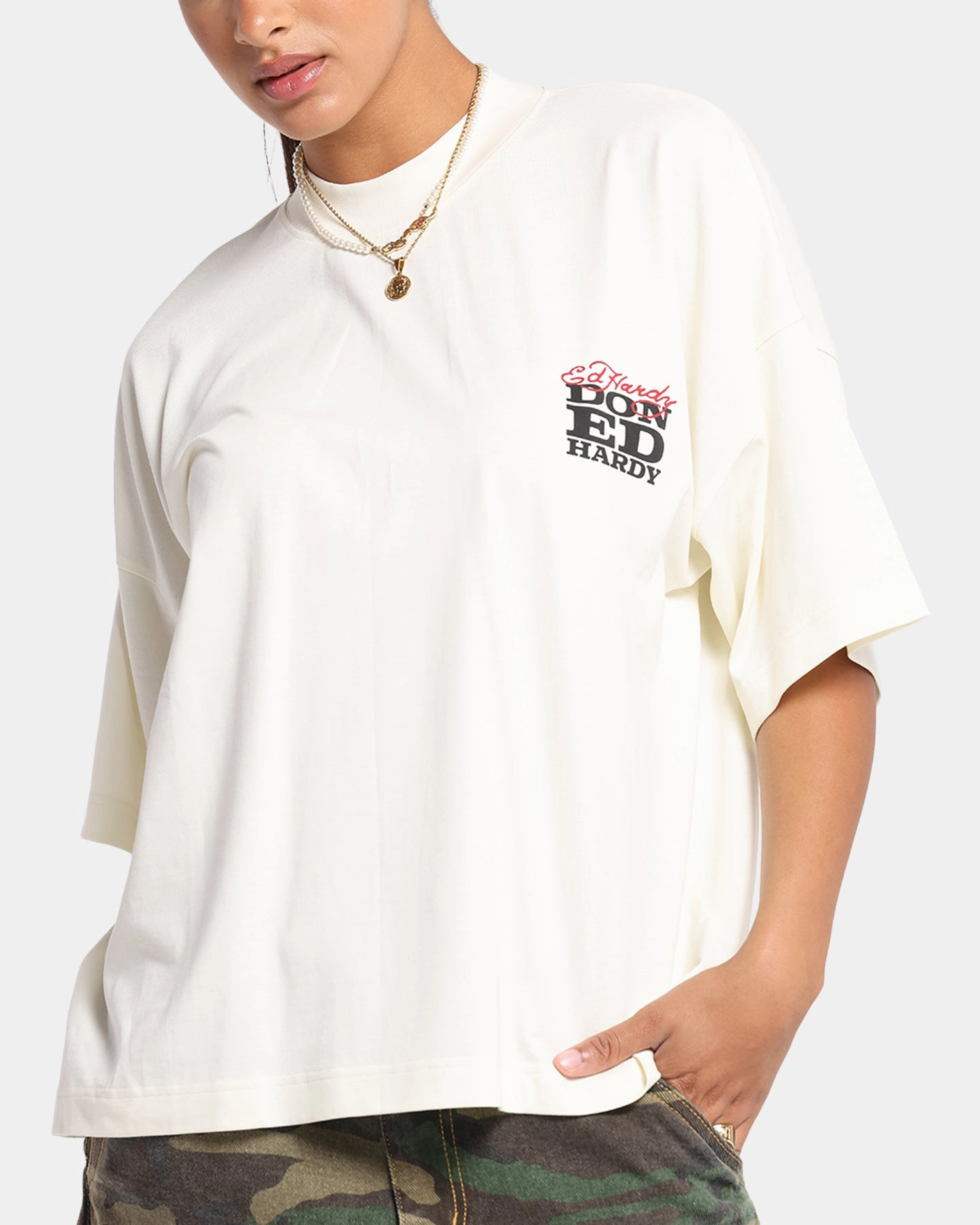 LowProfile Zipper Ed Hardy Rose Skull Oversized Print T-Shirt Off White