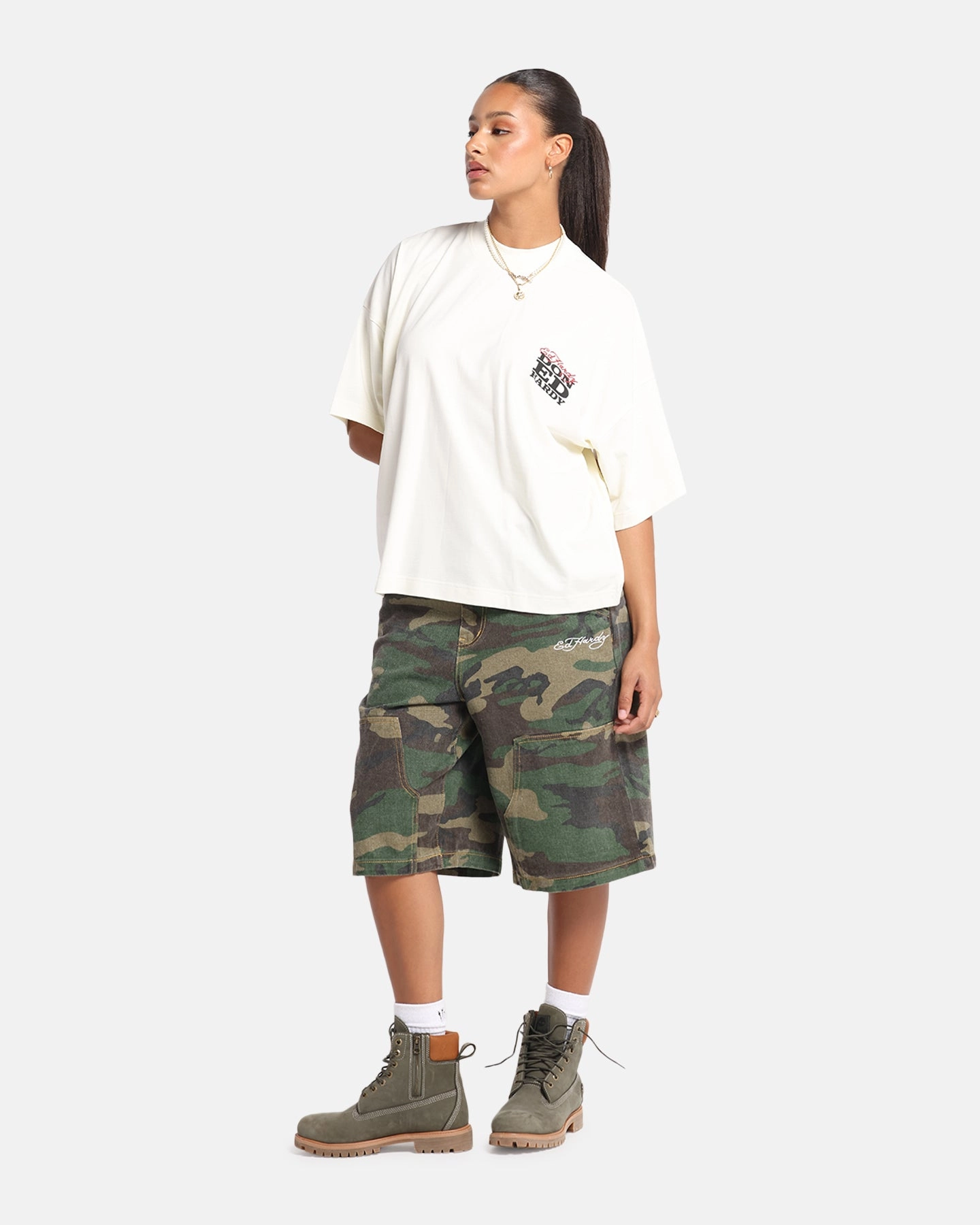 ClassicCrewNeck LightweightDesign Ed Hardy Rose Skull Oversized Print T-Shirt Off White