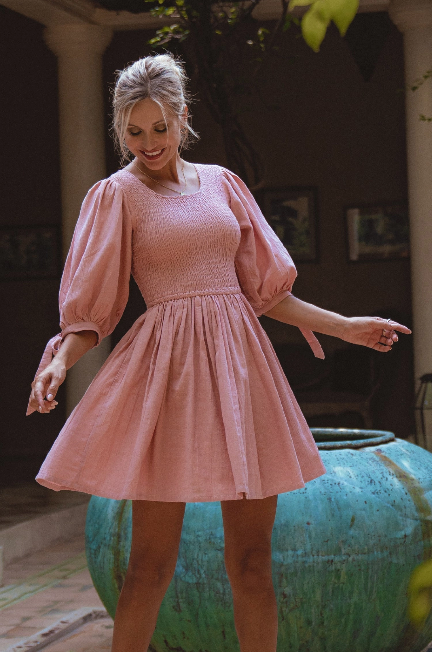 Jolie Puff Sleeve Linen Mini Dress Comfort waistband