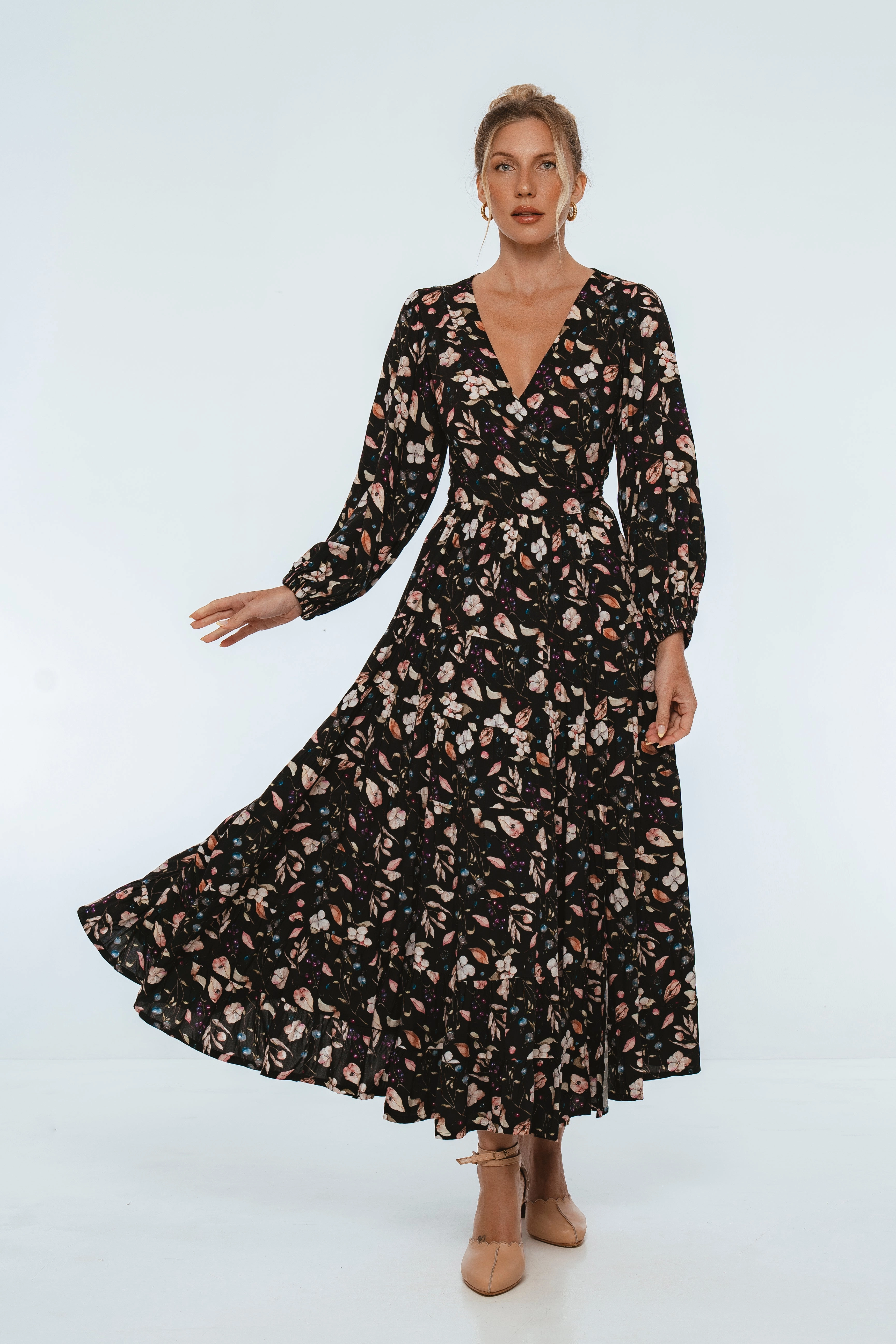 Slim Silhouette Premium Look Flamenco Boho Wrap Maxi Dress