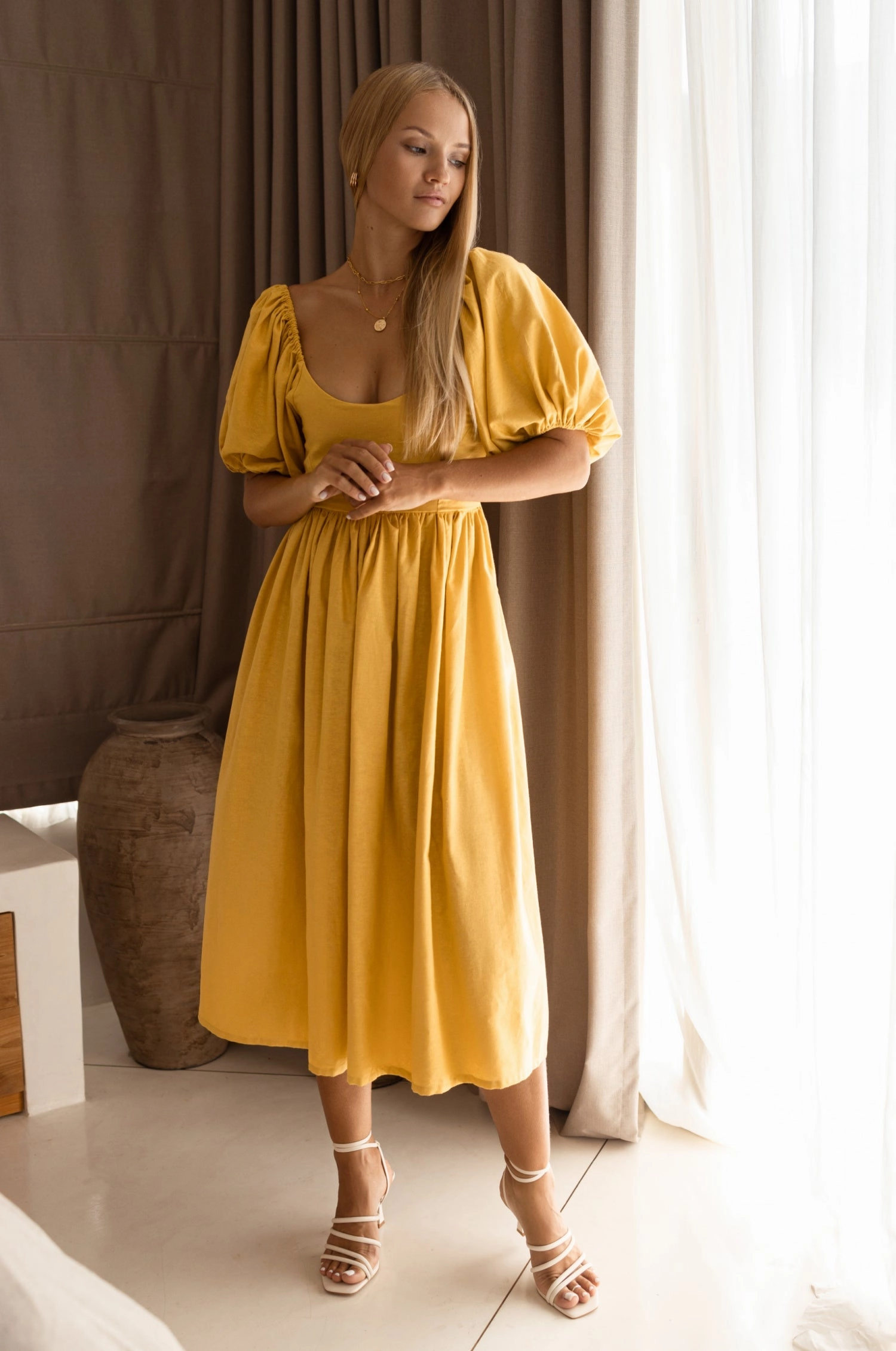 Semi Sheer Cherie Puff Sleeve Midi Dress