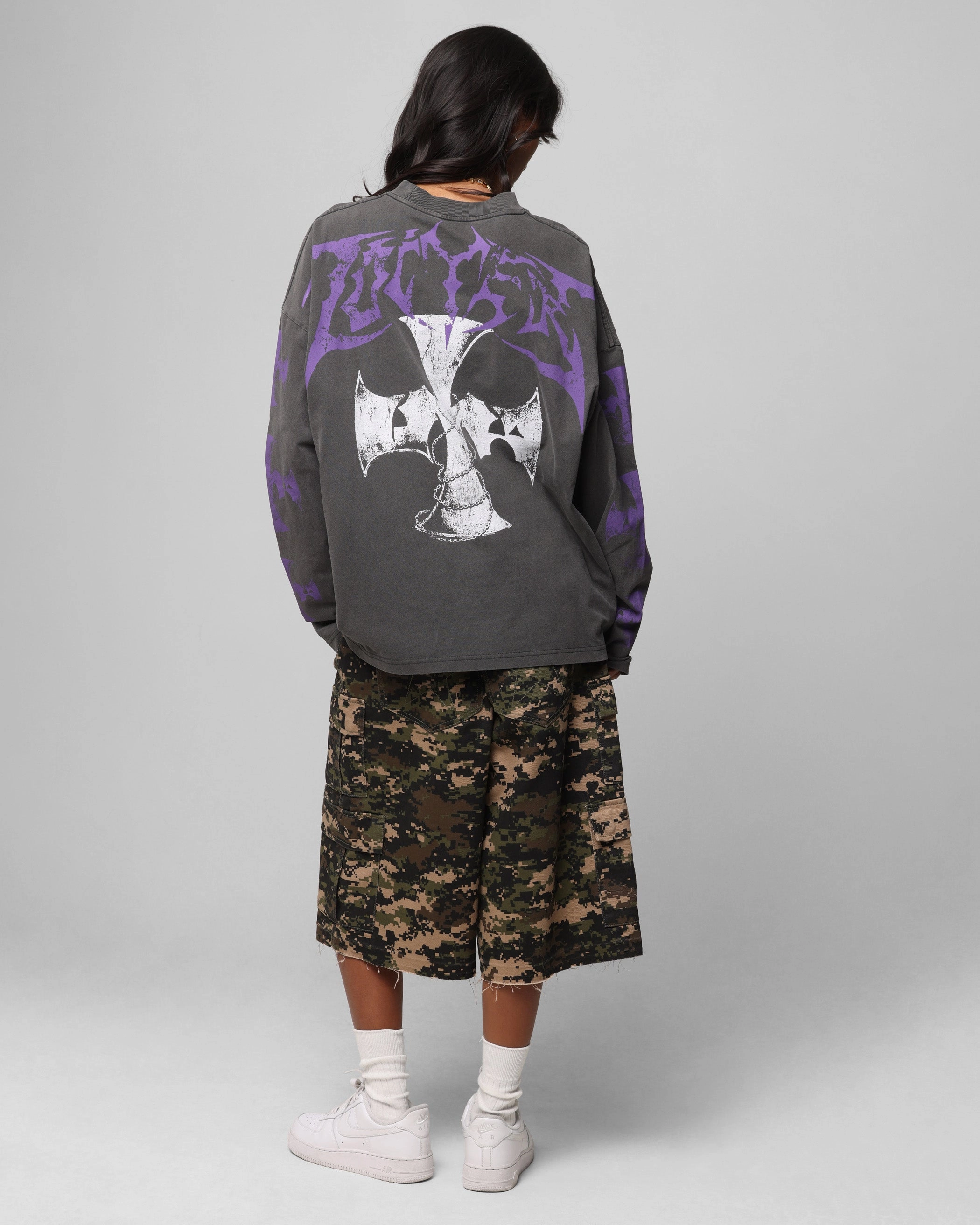 Loiter Angel Number Long Sleeve T-Shirt Charcoal High Neckline Structure