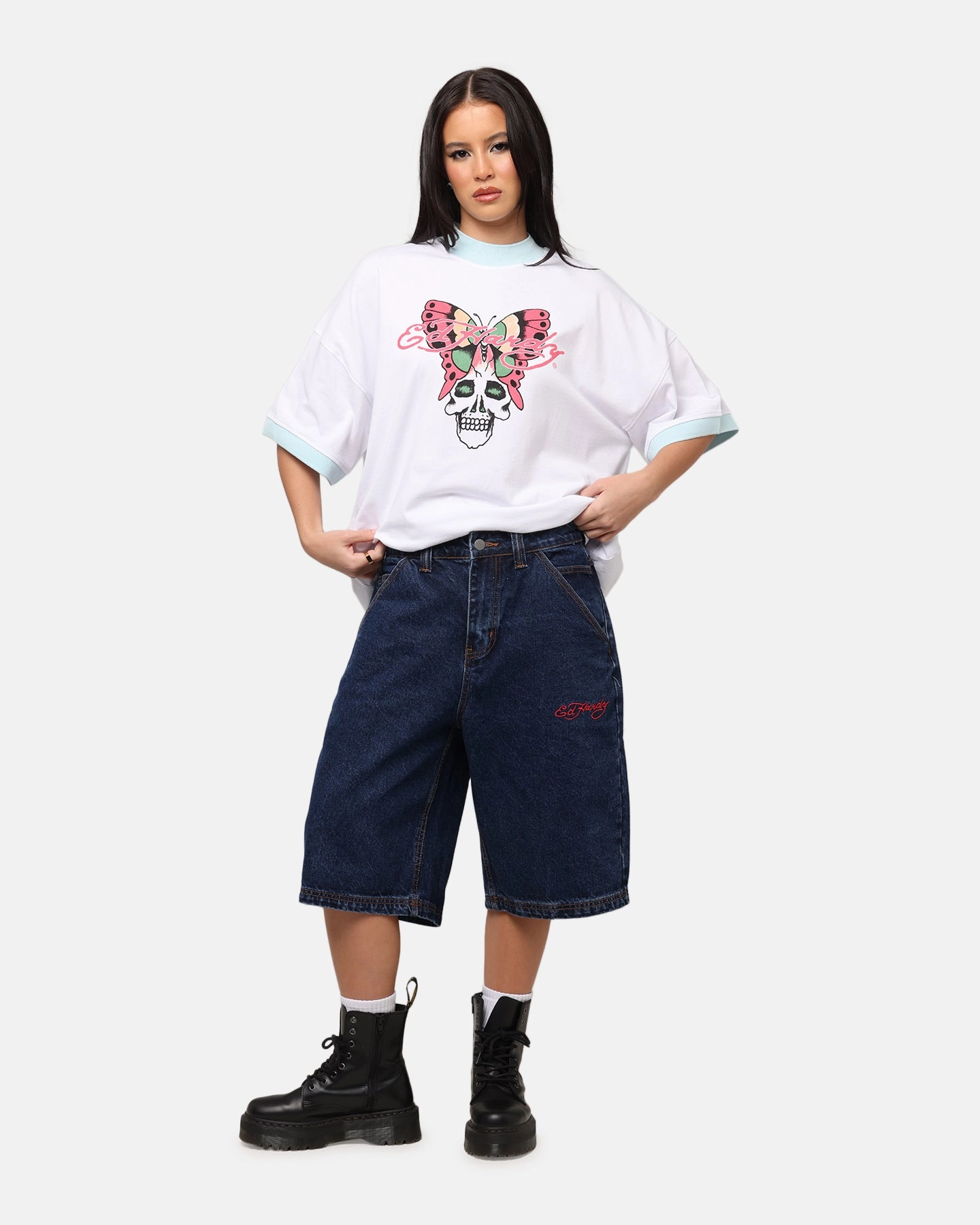 Durable Double Stitching Ed Hardy Butterfly Ringer T-Shirt White