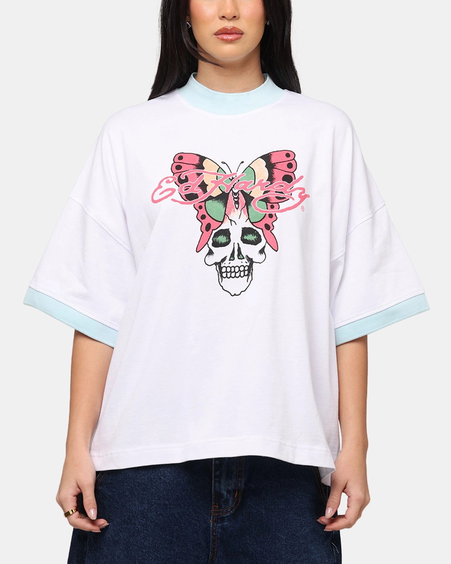 Reinforced Hem Ed Hardy Butterfly Ringer T-Shirt White