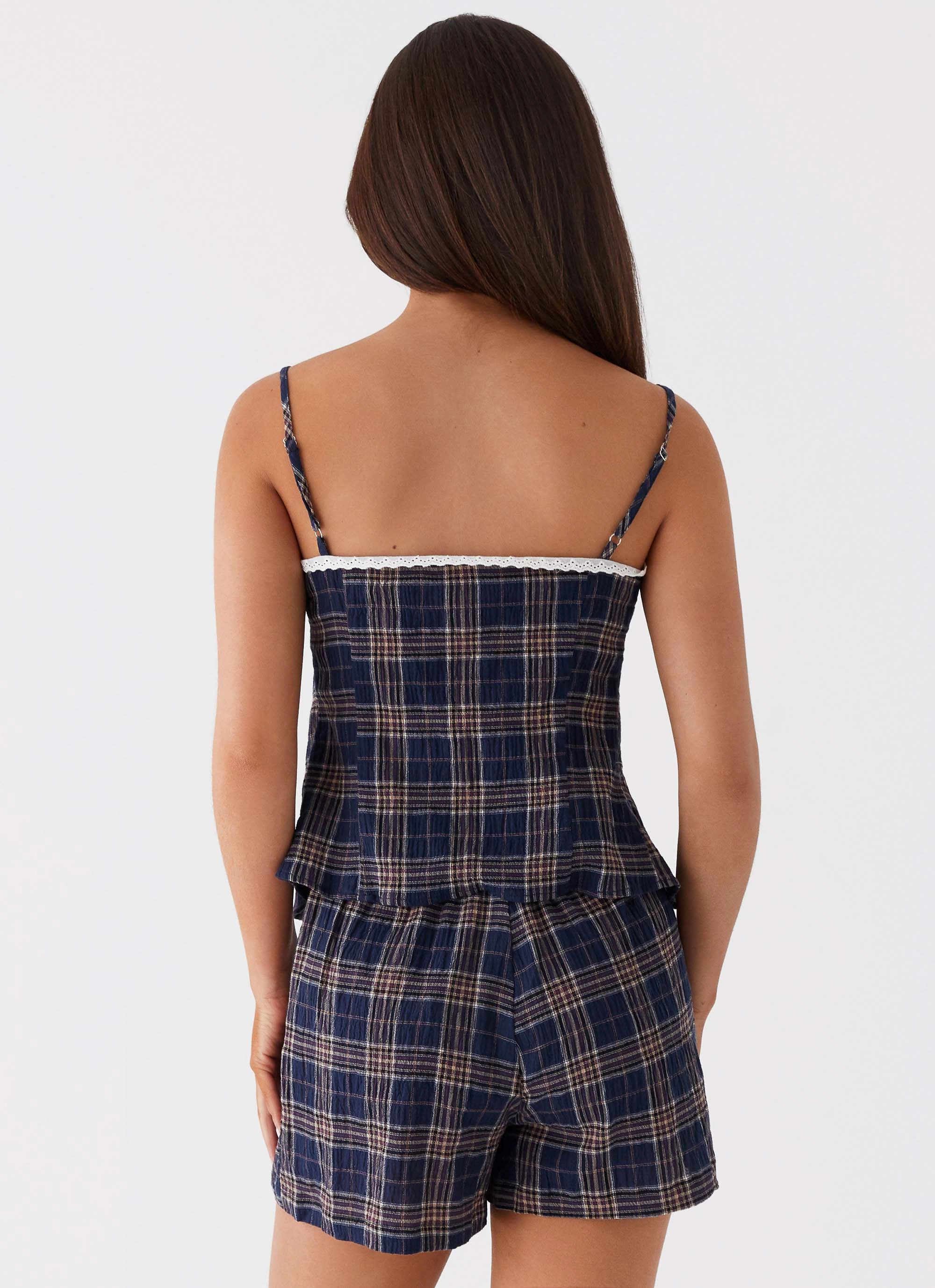 Tamaira Tie Top - Navy Check Reflective Trims High Collar Option