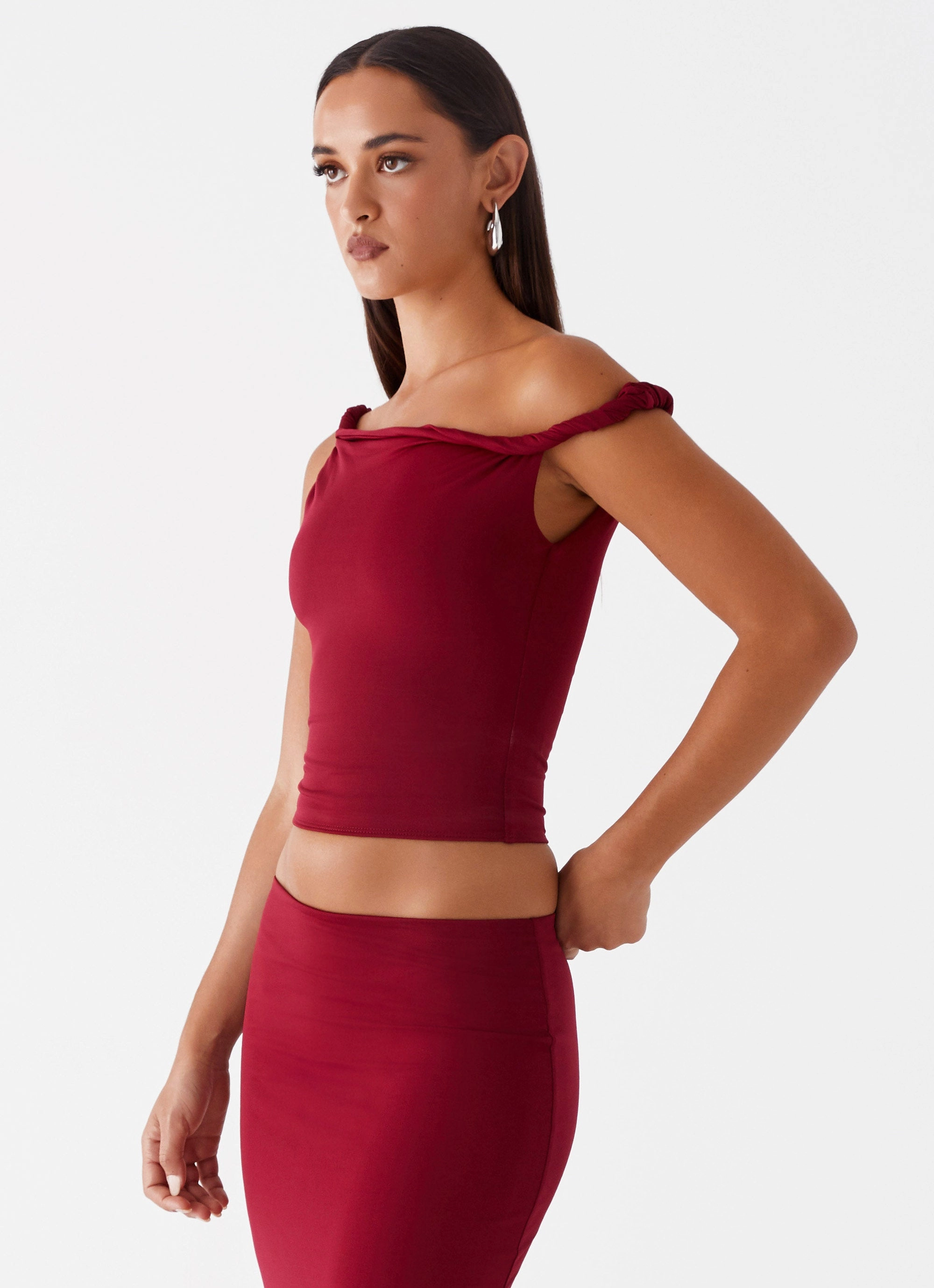 Solace Soul Twist Shoulder Top - Maroon QuickDry Texture Temperature Control Fabric