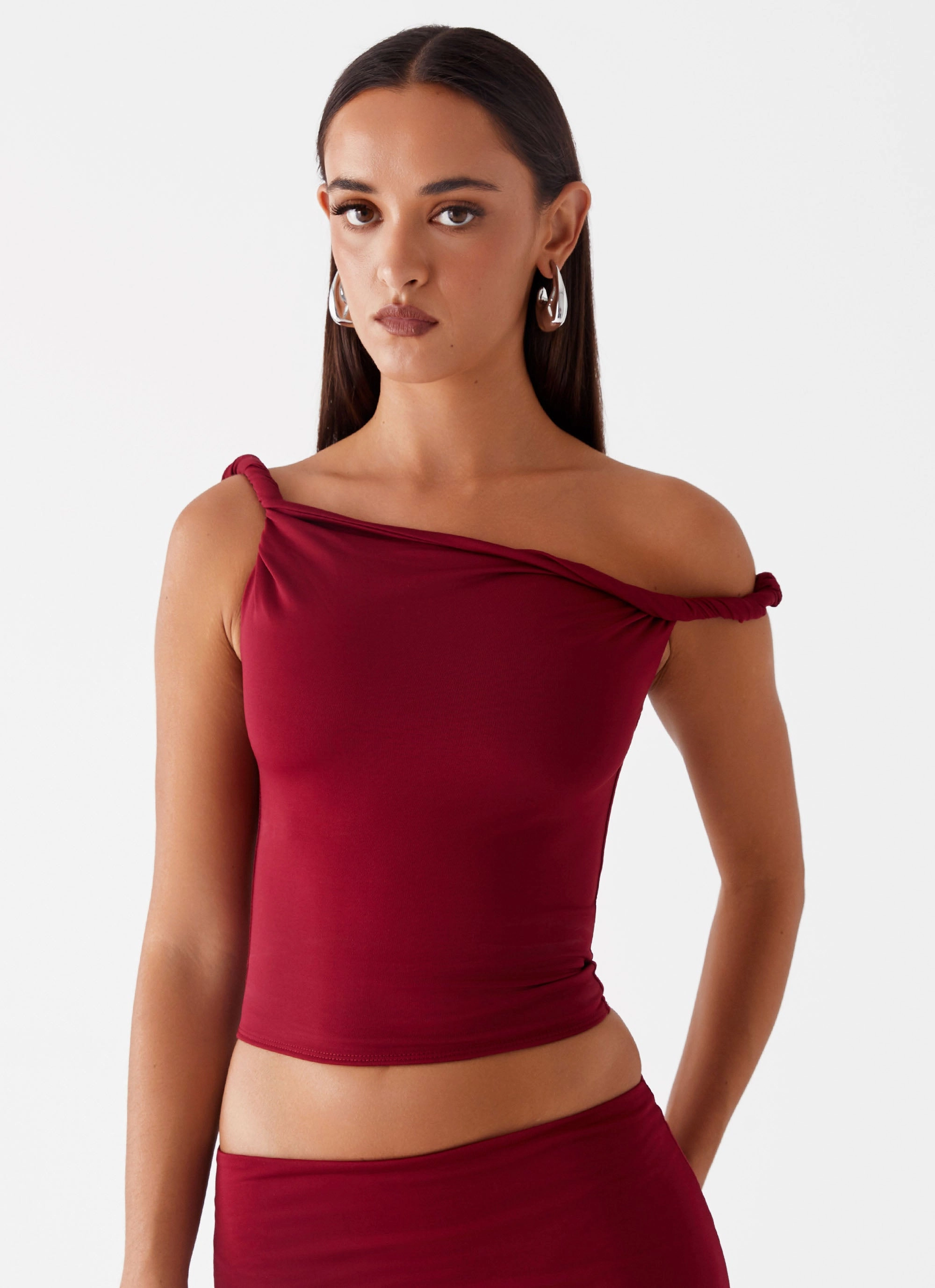 Snag Proof Weave Solace Soul Twist Shoulder Top - Maroon