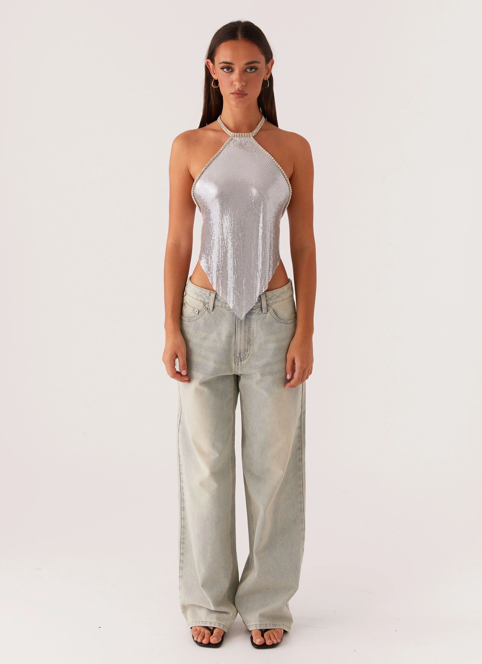 NonIrritating Stitching V-neck Blouse Celebrate Halterneck Chainmail Top - Silver