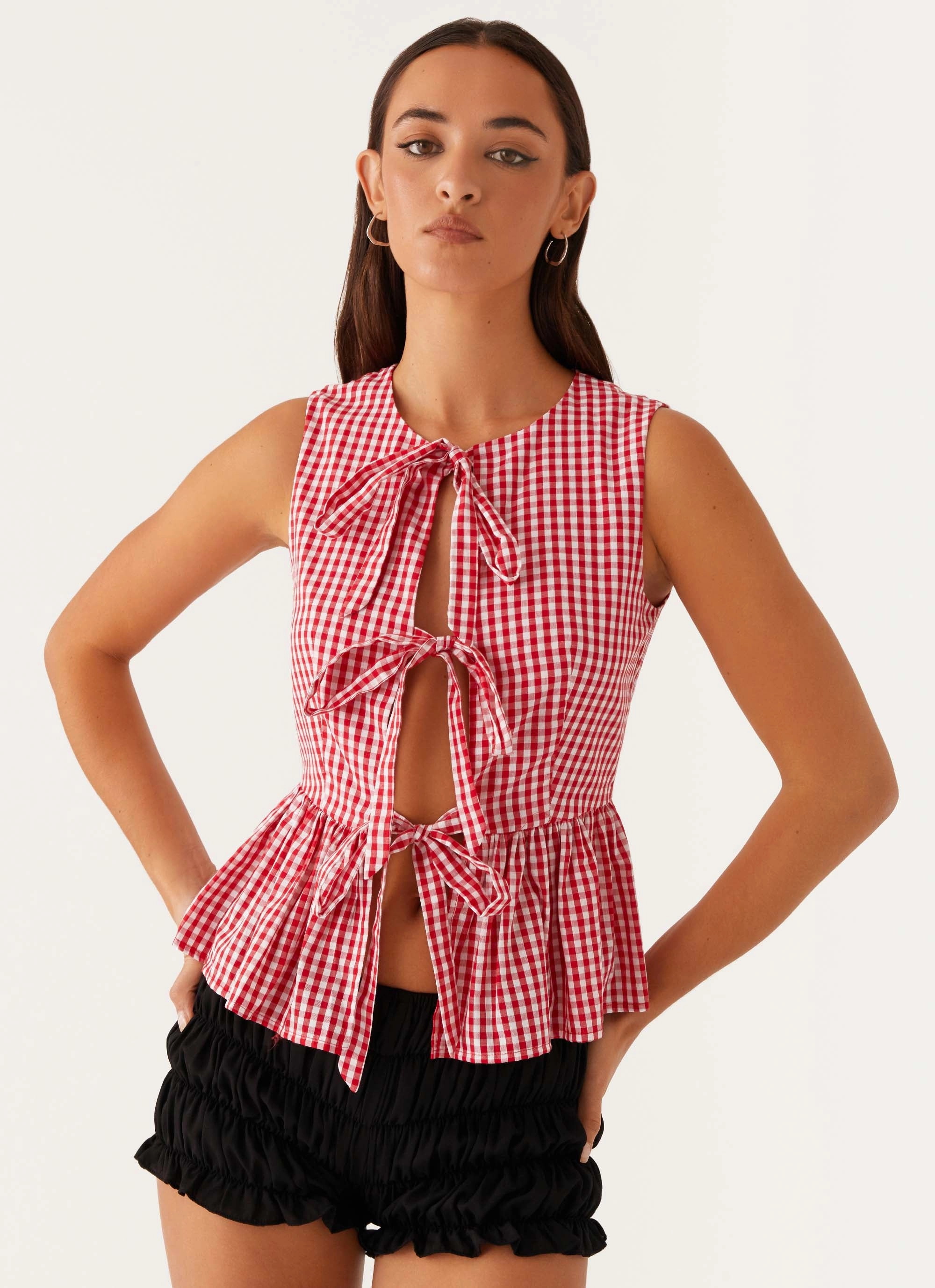 Basic Tee Yarn Dyed Fabric Cyrene Tie Top - Red Gingham