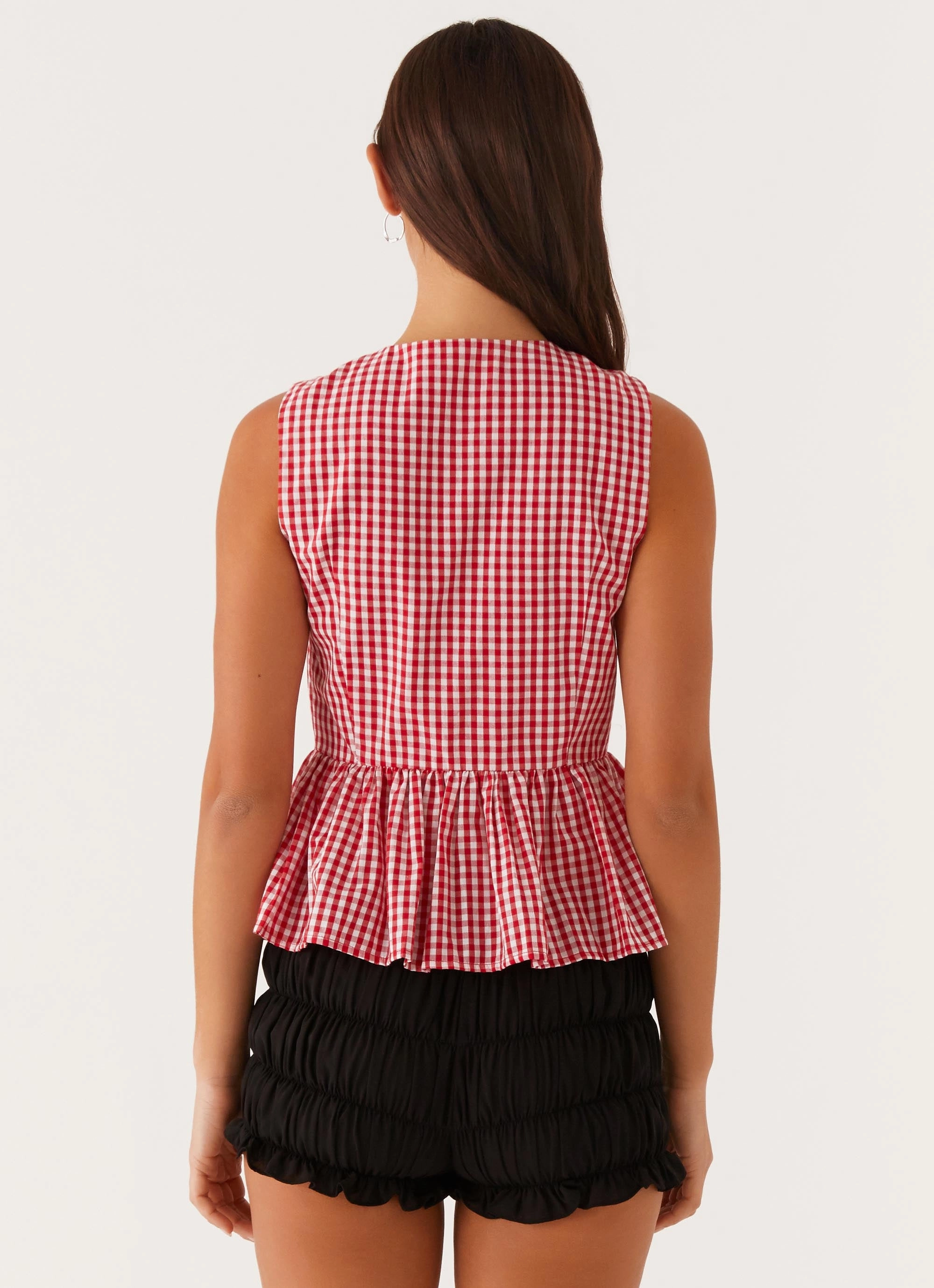Cyrene Tie Top - Red Gingham Button Down Collar Style