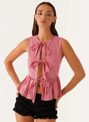 Basic Tee Yarn Dyed Fabric Cyrene Tie Top - Red Gingham