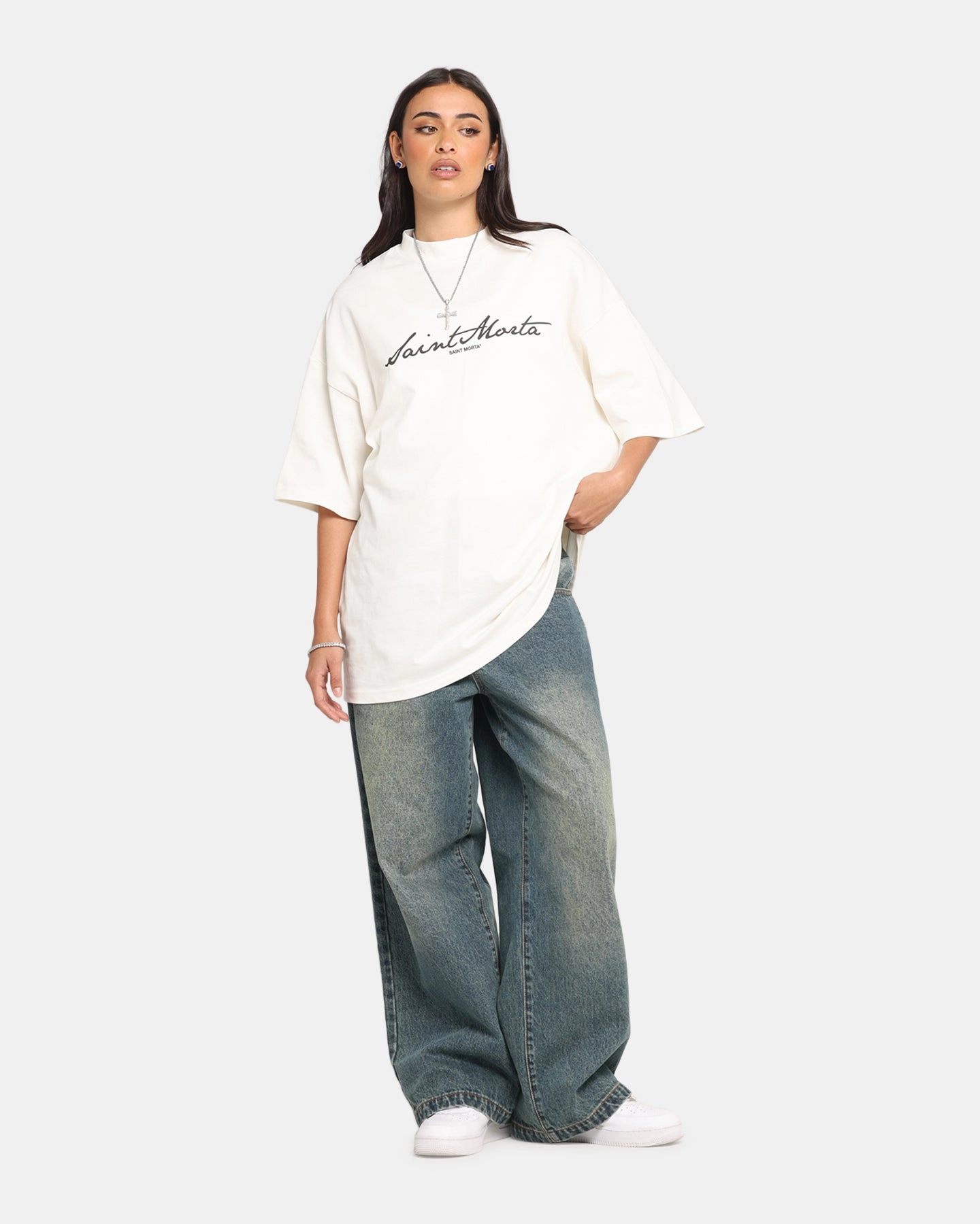 Saint Morta Scripture Mock Neck T-Shirt Off White Hidden Storage Pocket Taped Neckline