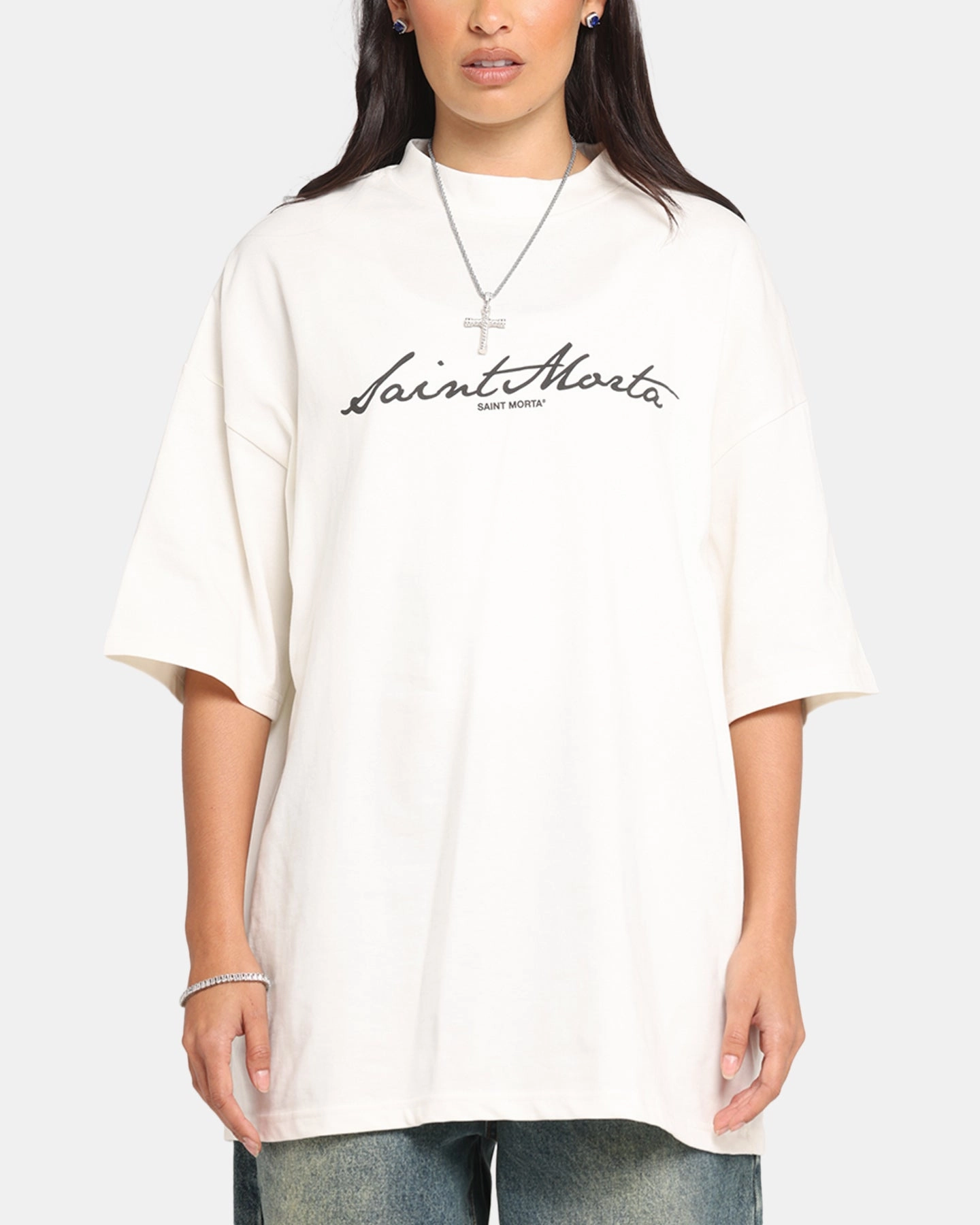 Saint Morta Scripture Mock Neck T-Shirt Off White MultiDirectionalStretch Minimalist Styling