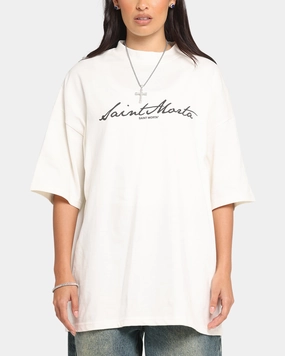 Saint Morta Scripture Mock Neck T-Shirt Off White MultiDirectionalStretch Minimalist Styling