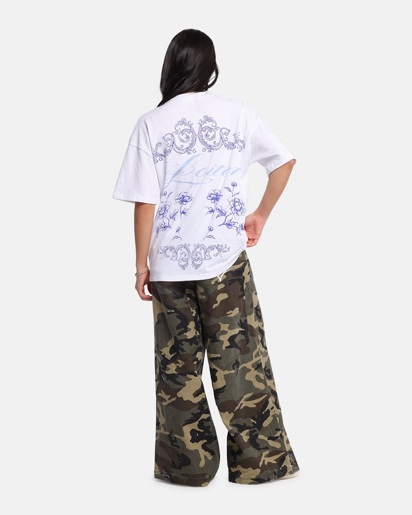 Drop Shoulder Cut Loiter Fine China T-Shirt White