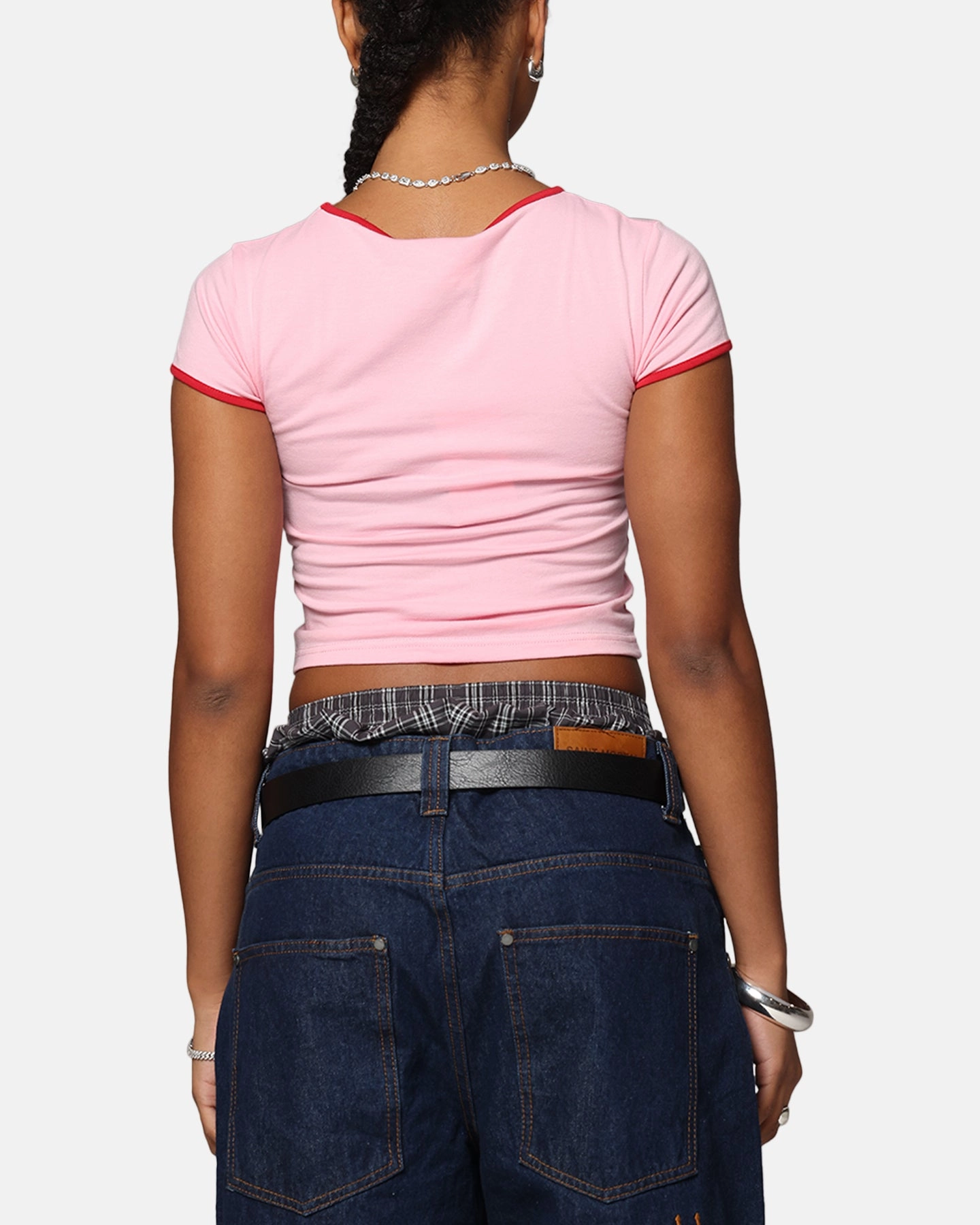 Ed Hardy Women's Blooming Baby Ringer T-Shirt Pink/Red CroppedLength High Thread Count Cotton