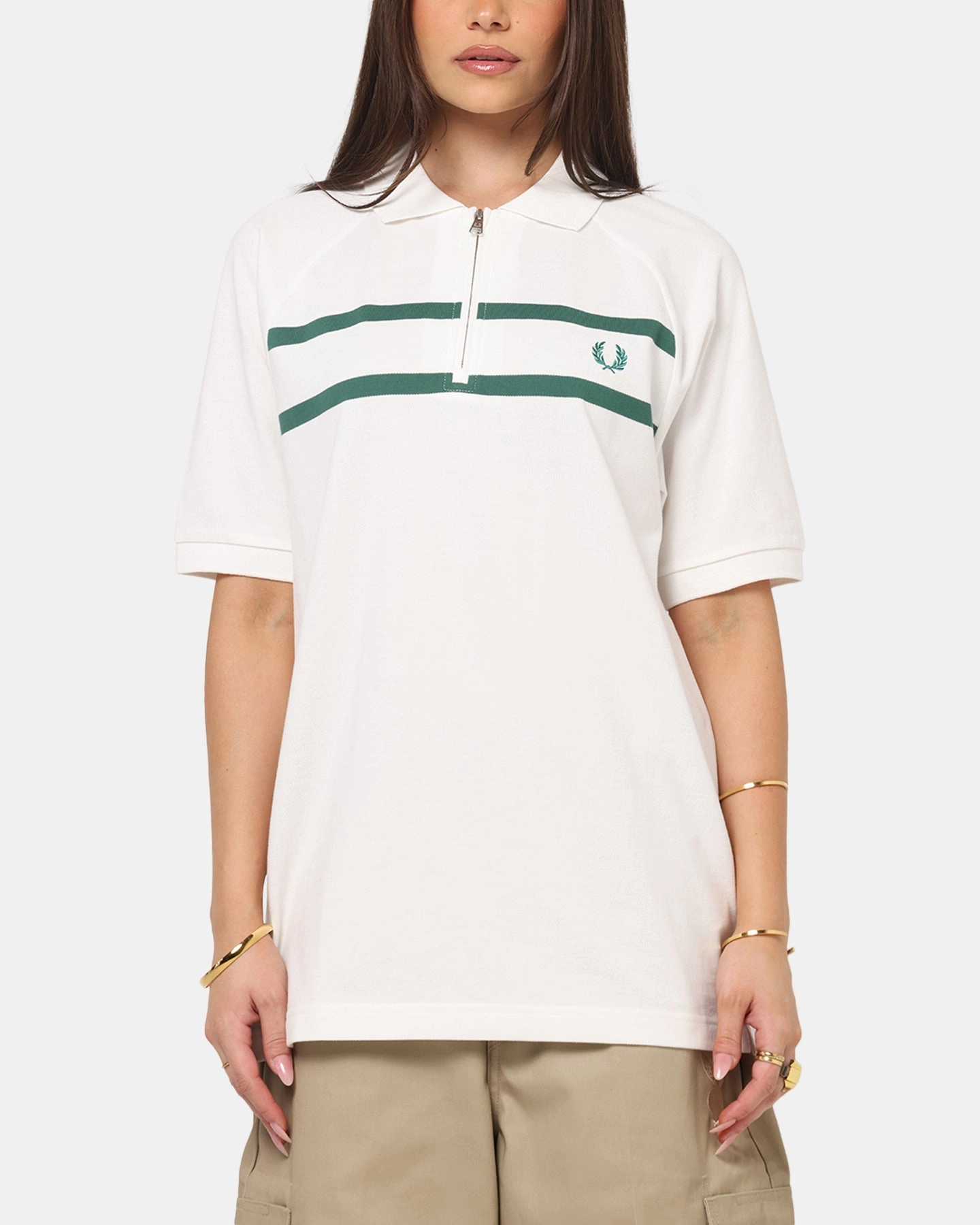 Fred Perry Crepe Pique Zip Neck Polo Shirt Snow White Simple Dress Water resistant coating