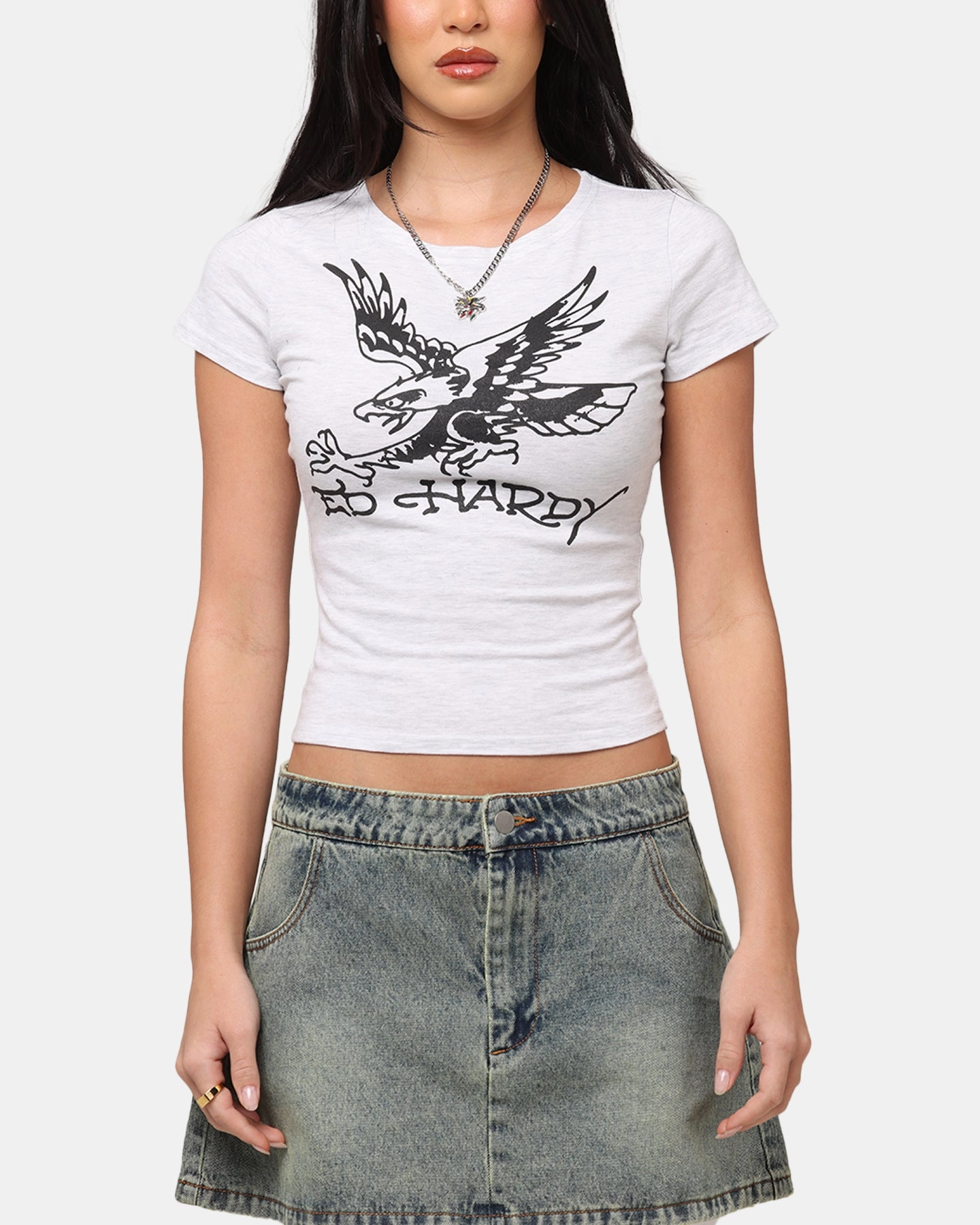 Ed Hardy Women's Eagle Baby T-Shirt Grey Marle Lightweight Weave Material