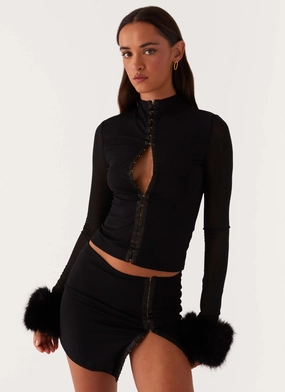 Recycled Polyester Blend Tayanna Fur Trim Long Sleeve Top - Black