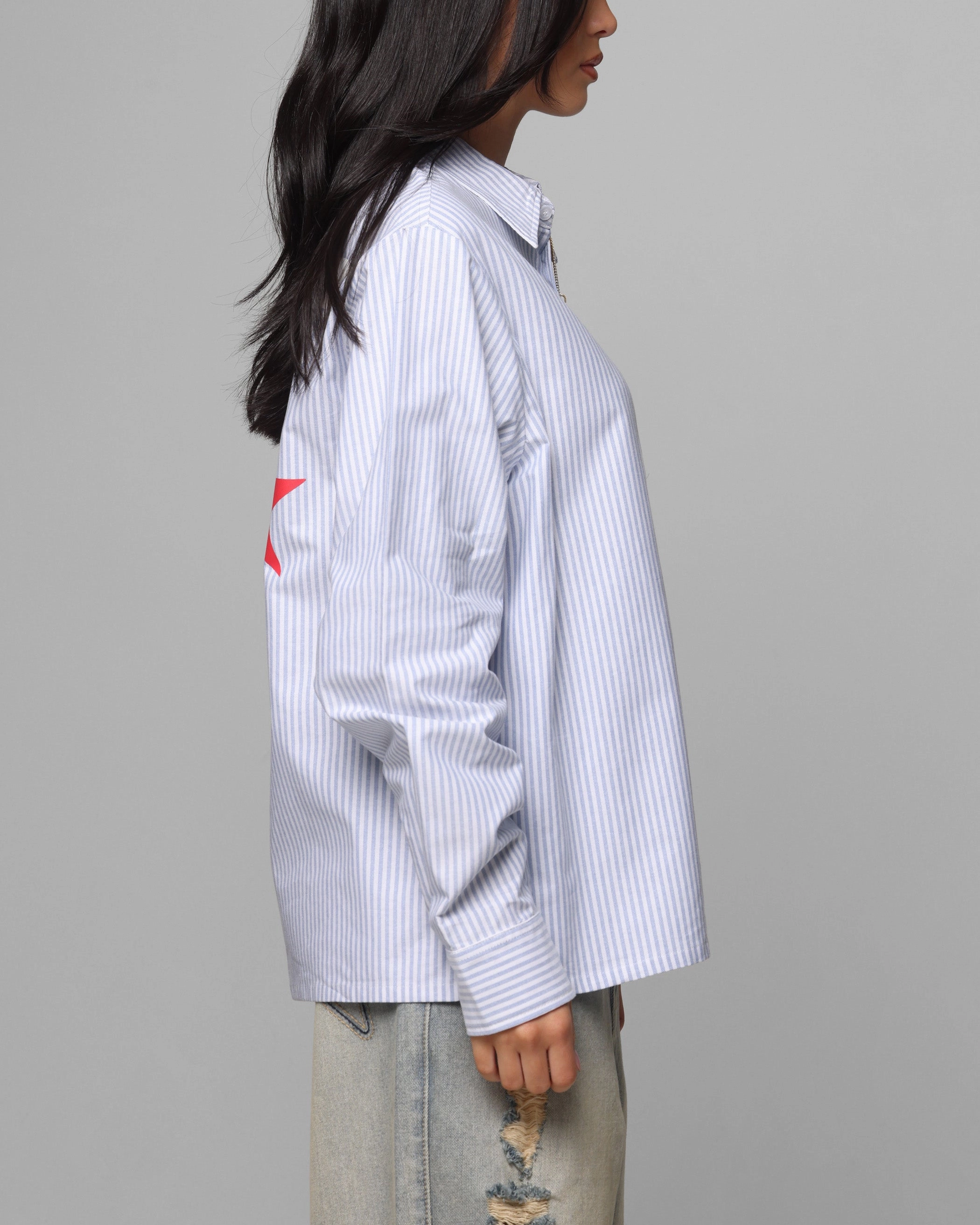 Loiter Solar Button Up Shirt Blue Pin Stripe FrenchTerryTexture