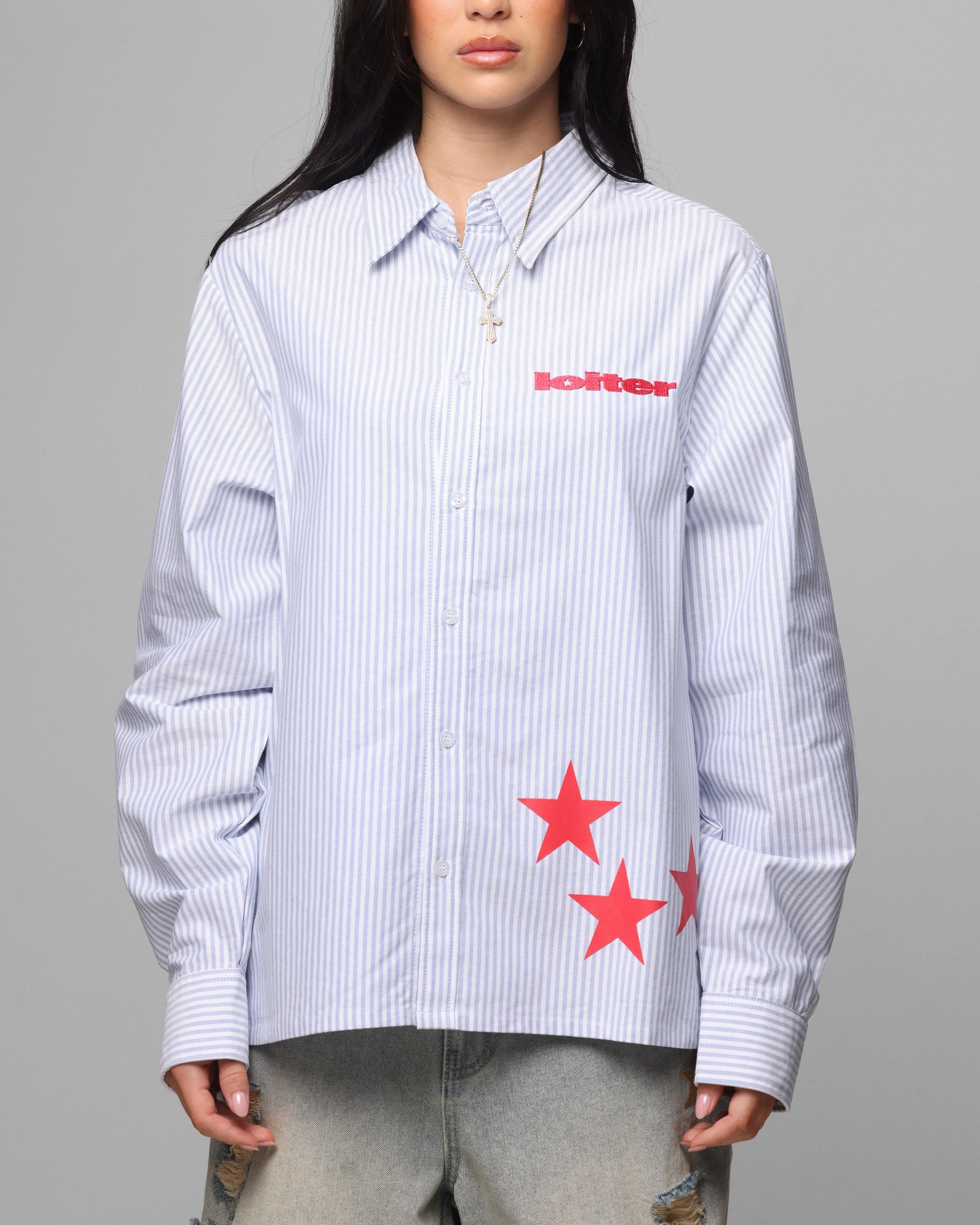 Daily Wear Sleeveless Tee Loiter Solar Button Up Shirt Blue Pin Stripe