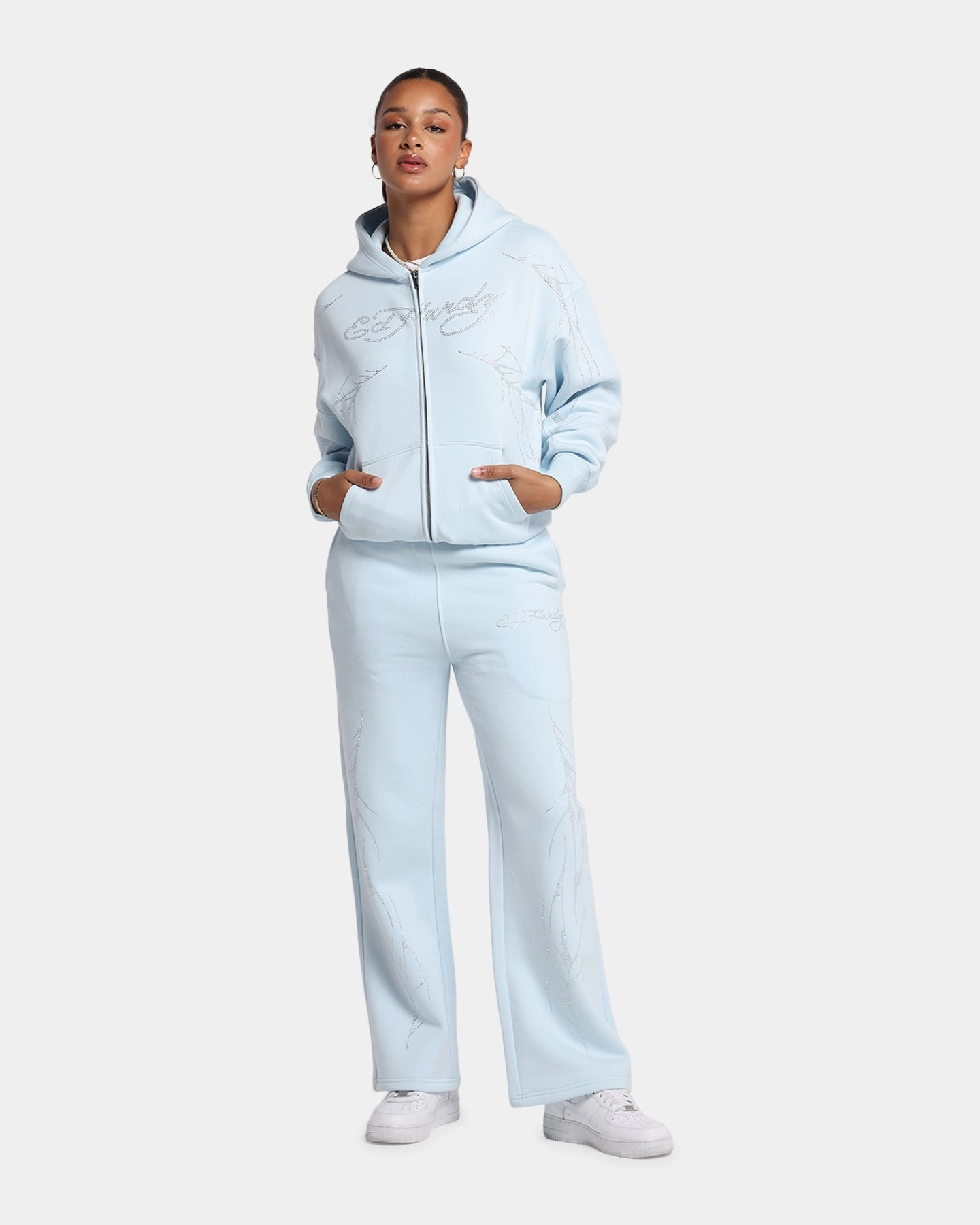 Ed Hardy Cyber Rhinestone Zip-Up Hoodie Light Blue AbrasionResistantFabric