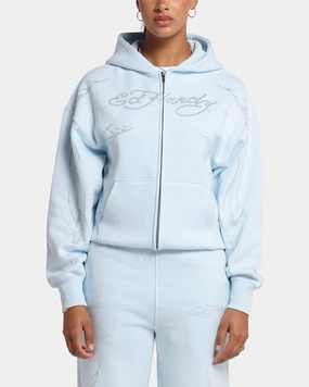 Ed Hardy Cyber Rhinestone Zip-Up Hoodie Light Blue Elastic Edge Binding Antibacterial