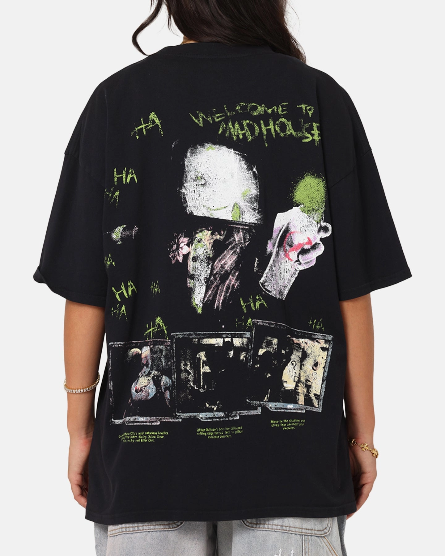 Four Way Stretch Material 73 Studio X DC Batman Arkham Asylum Vintage T-Shirt Black Acidwash