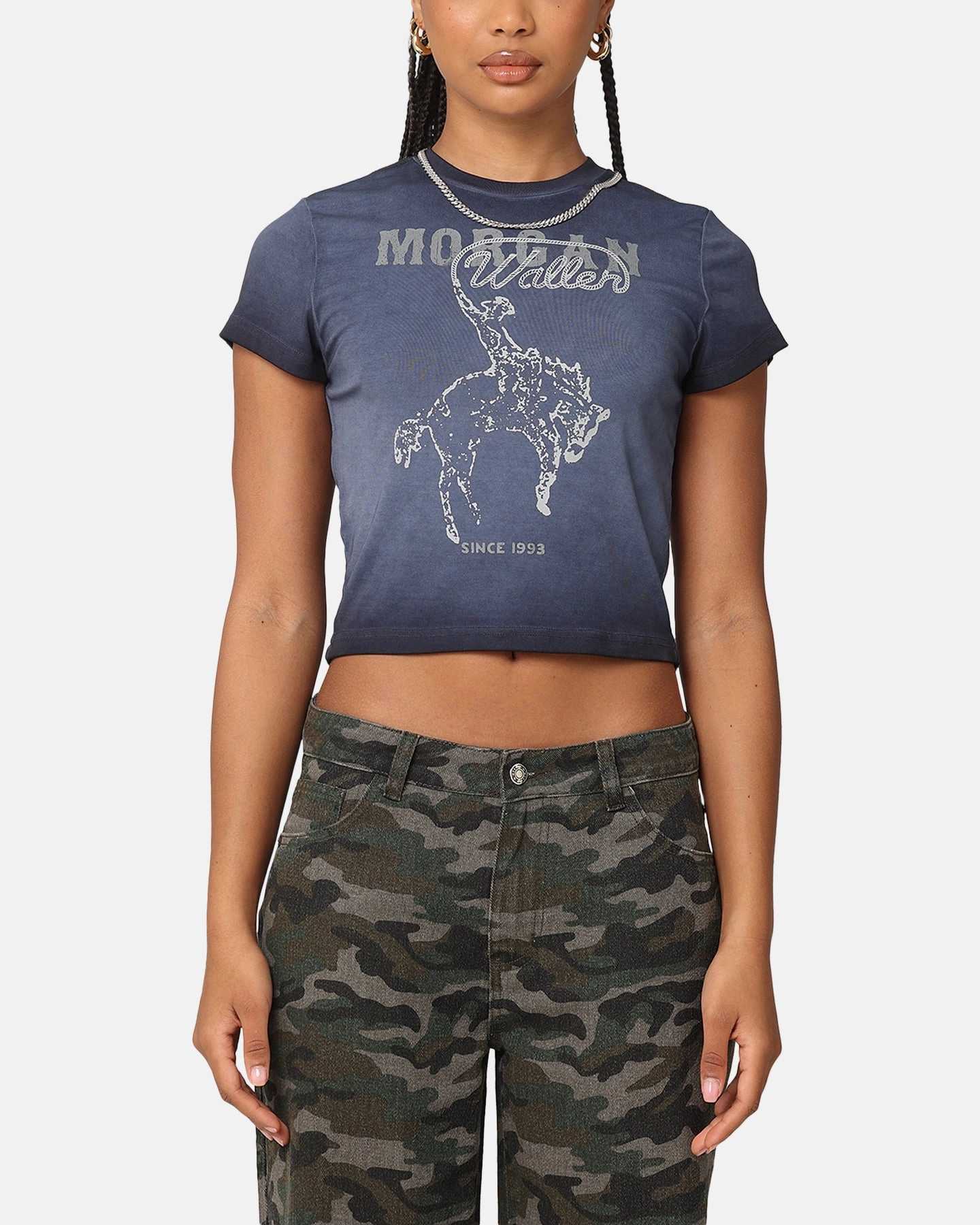 Morgan Wallen Women's Cowgirl Sunfade Baby T-Shirt Black Wash Wide Shoulder Cut DoubleLayeredShoulders