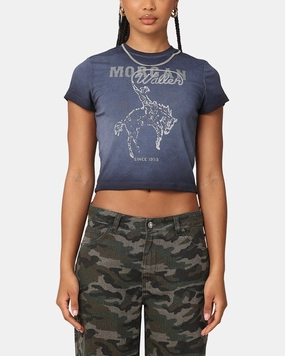 Morgan Wallen Women's Cowgirl Sunfade Baby T-Shirt Black Wash Wide Shoulder Cut DoubleLayeredShoulders