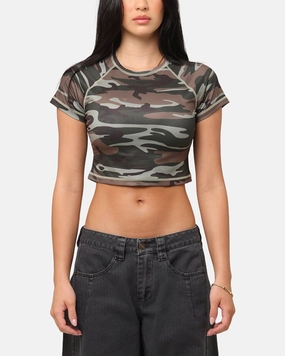 Interlock Stitch Detail XXIII Women's Boiler Room Crop T-Shirt Washed Green Camo
