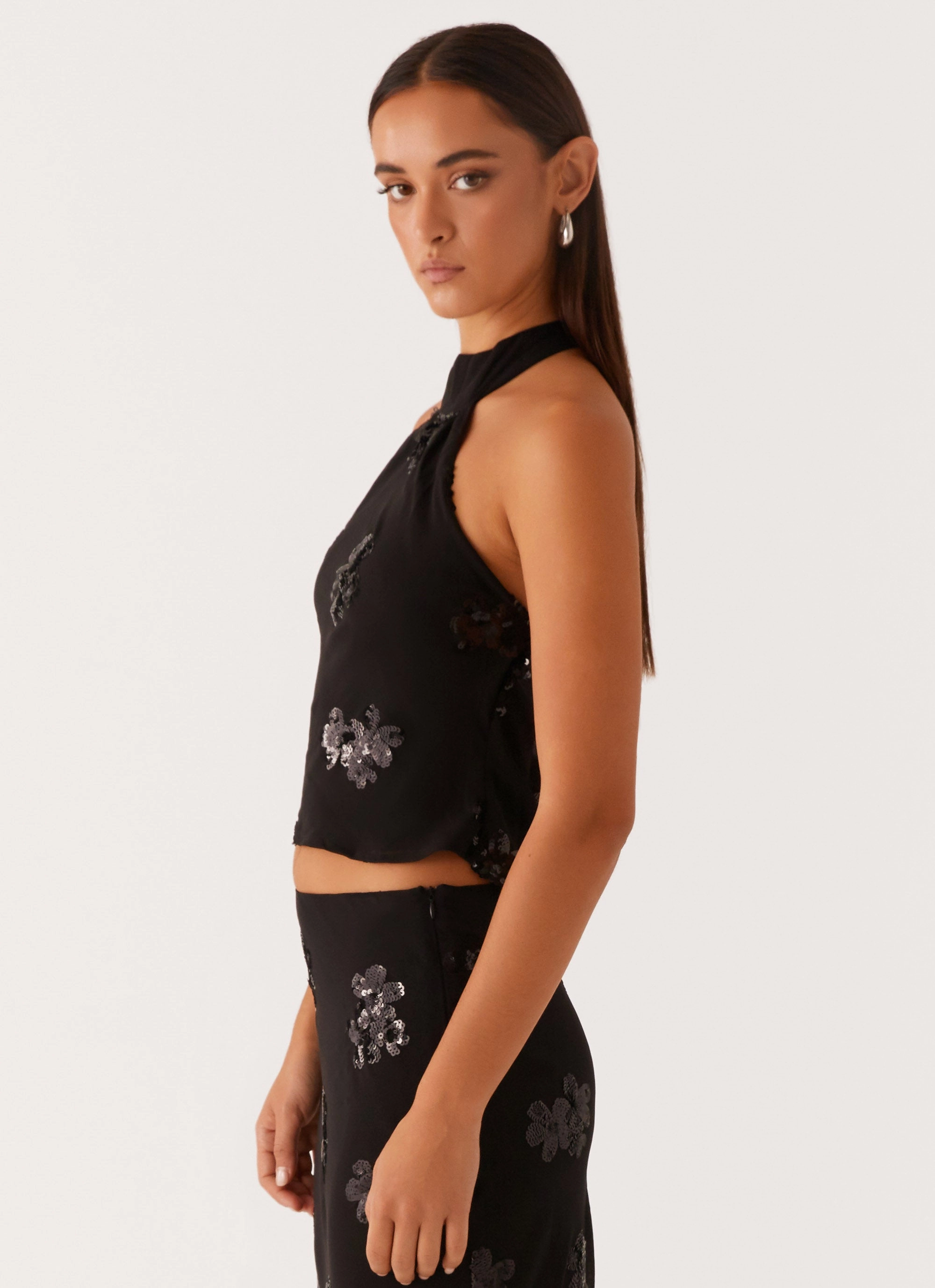 VentilatedBackPanel Cillian Sequin Halter Top - Black