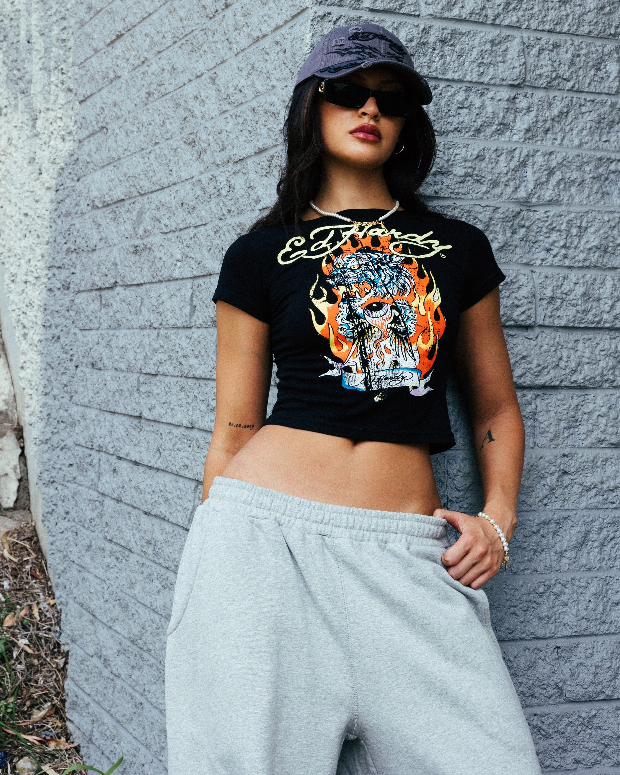 Bold Patterns Ed Hardy Women's Tiger Baby T-Shirt Black