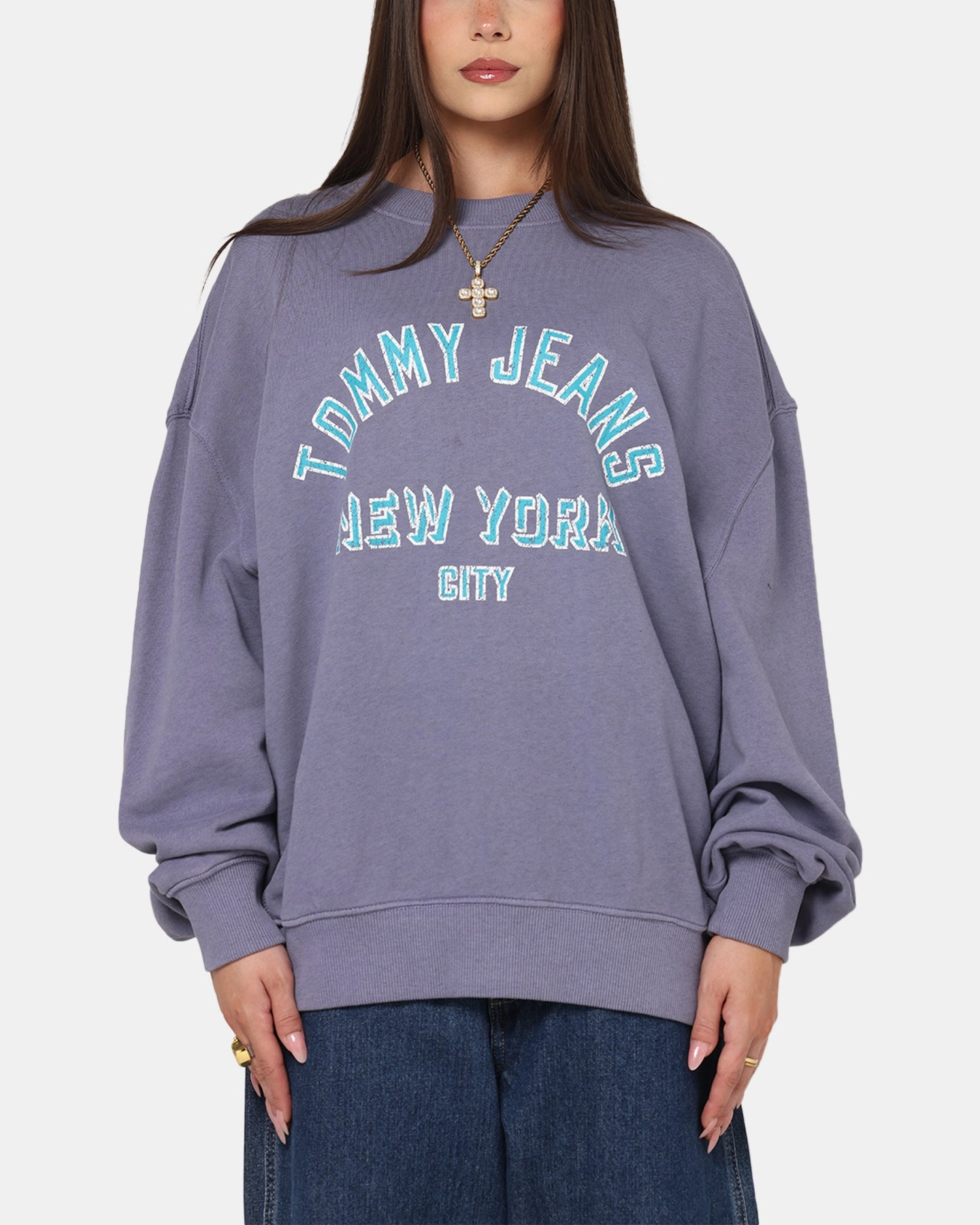 Shrinkage Prevention Treatment Tommy Jeans Cropped Overdyed Varsity Crewneck Washed Blue