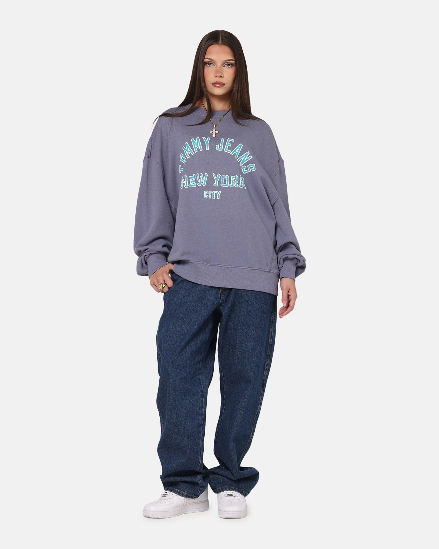 Antibacterial Fabric VentilatedMeshPaneling Tommy Jeans Cropped Overdyed Varsity Crewneck Washed Blue