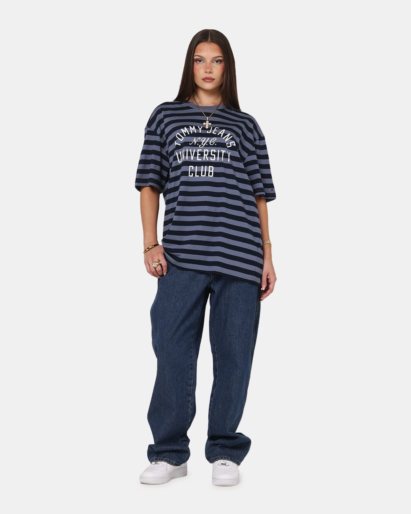 Cozy Knit Stretchy Top Tommy Jeans Relax Stripe Graphic T-Shirt Dark Night Navy