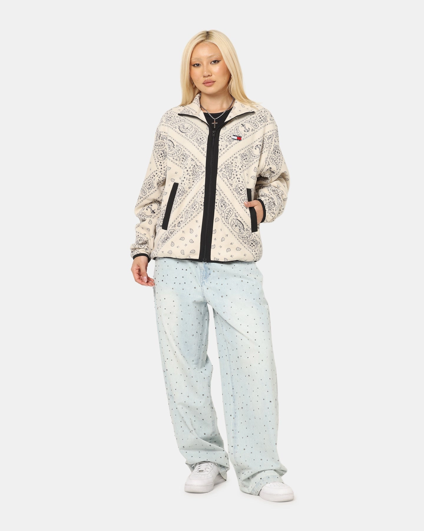 Tommy Jeans Relaxed Zip Paisley Fleece Jacket Newsprint AntiPillTreatment