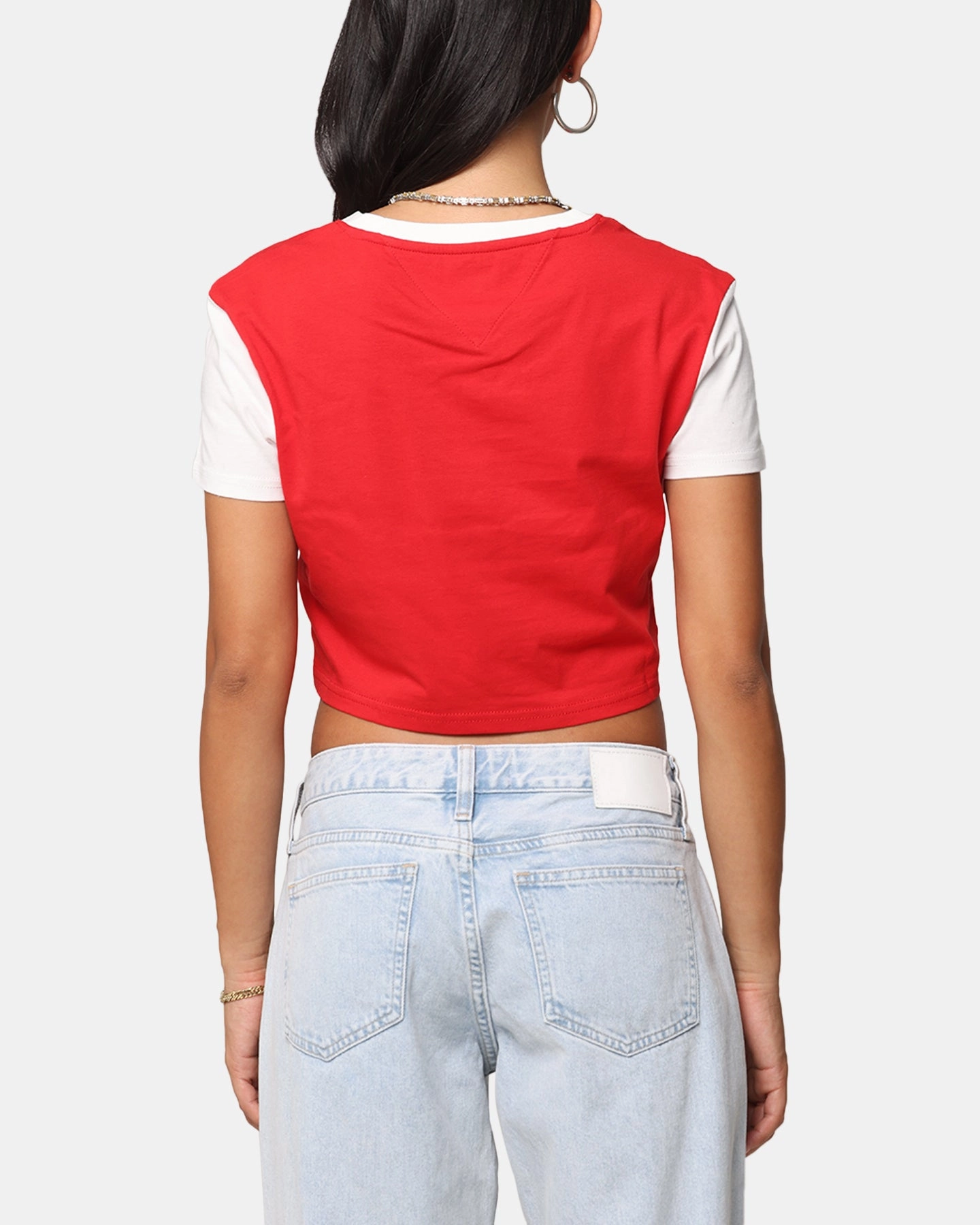 Tommy Jeans Women's Regular Crop Varsity T-Shirt Red Hot V Neck Design Flexible Shoulder Gusset