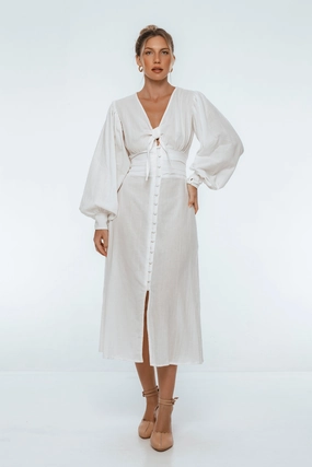 Live Soft Comfortable Waist Design Fit Velvet Sky Long Sleeve Linen Midi Dress