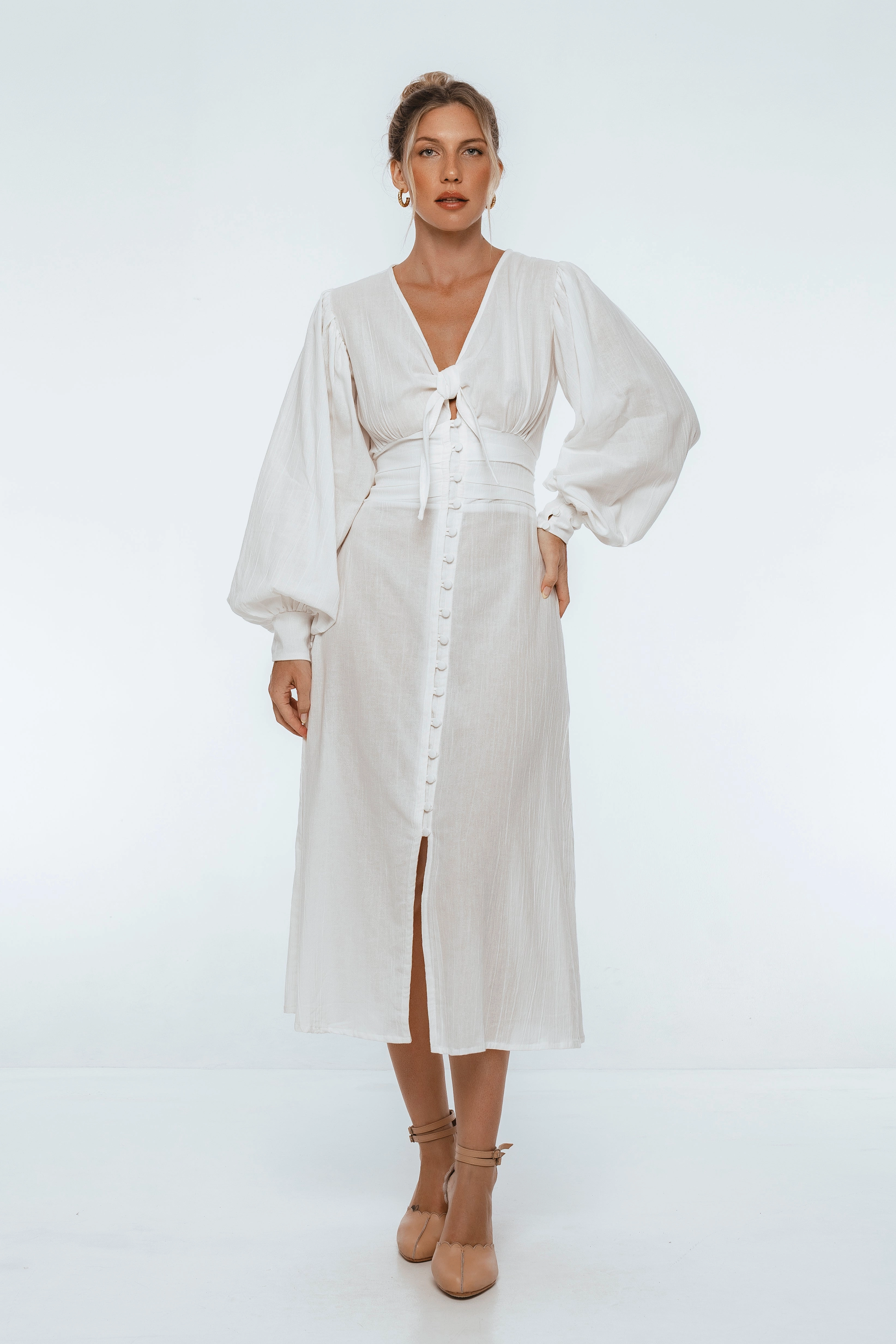 Polished Fit Zip-Closure Velvet Sky Long Sleeve Linen Midi Dress