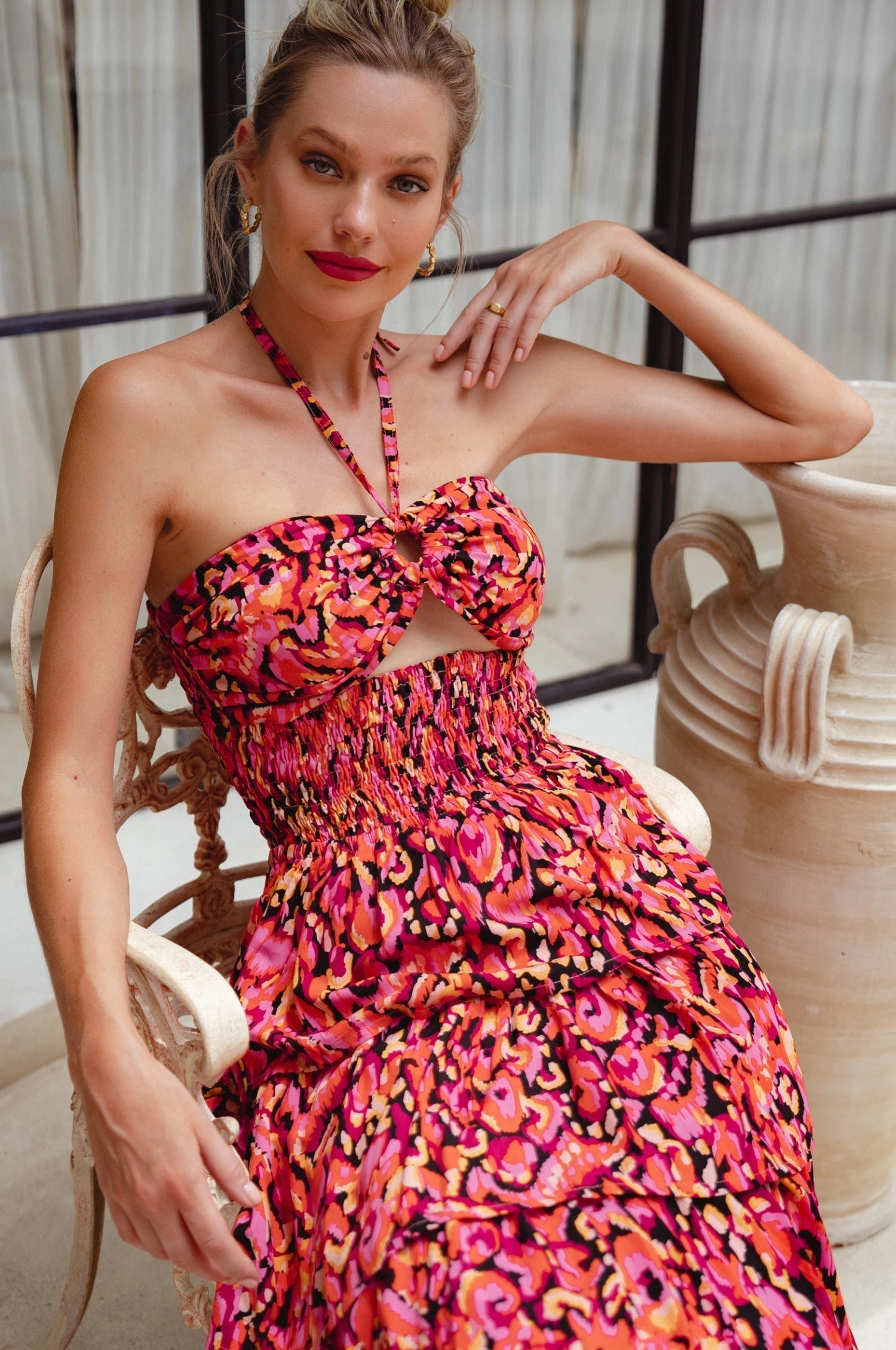 Warm Pink Roxane Halter Neck Midi Dress (Sale)