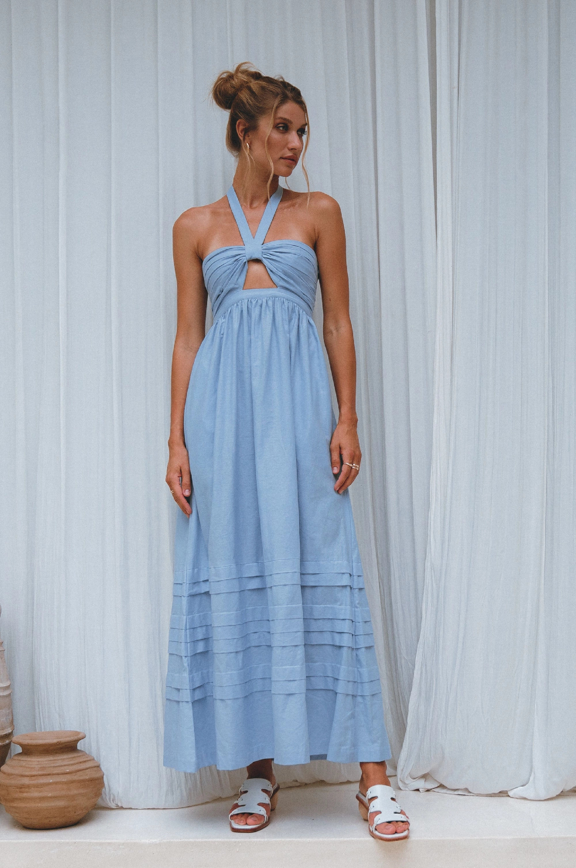 Penelope Halter Linen Maxi Dress Subtle Finish Sophisticated Look