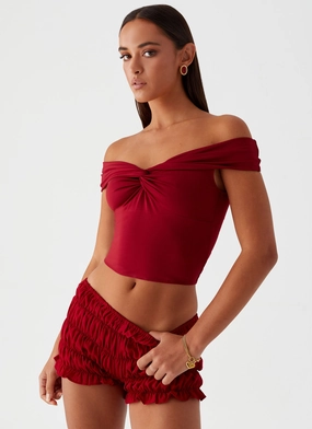 Convertible Sleeve Adaptation Trixie Twist Off Shoulder Top - Maroon