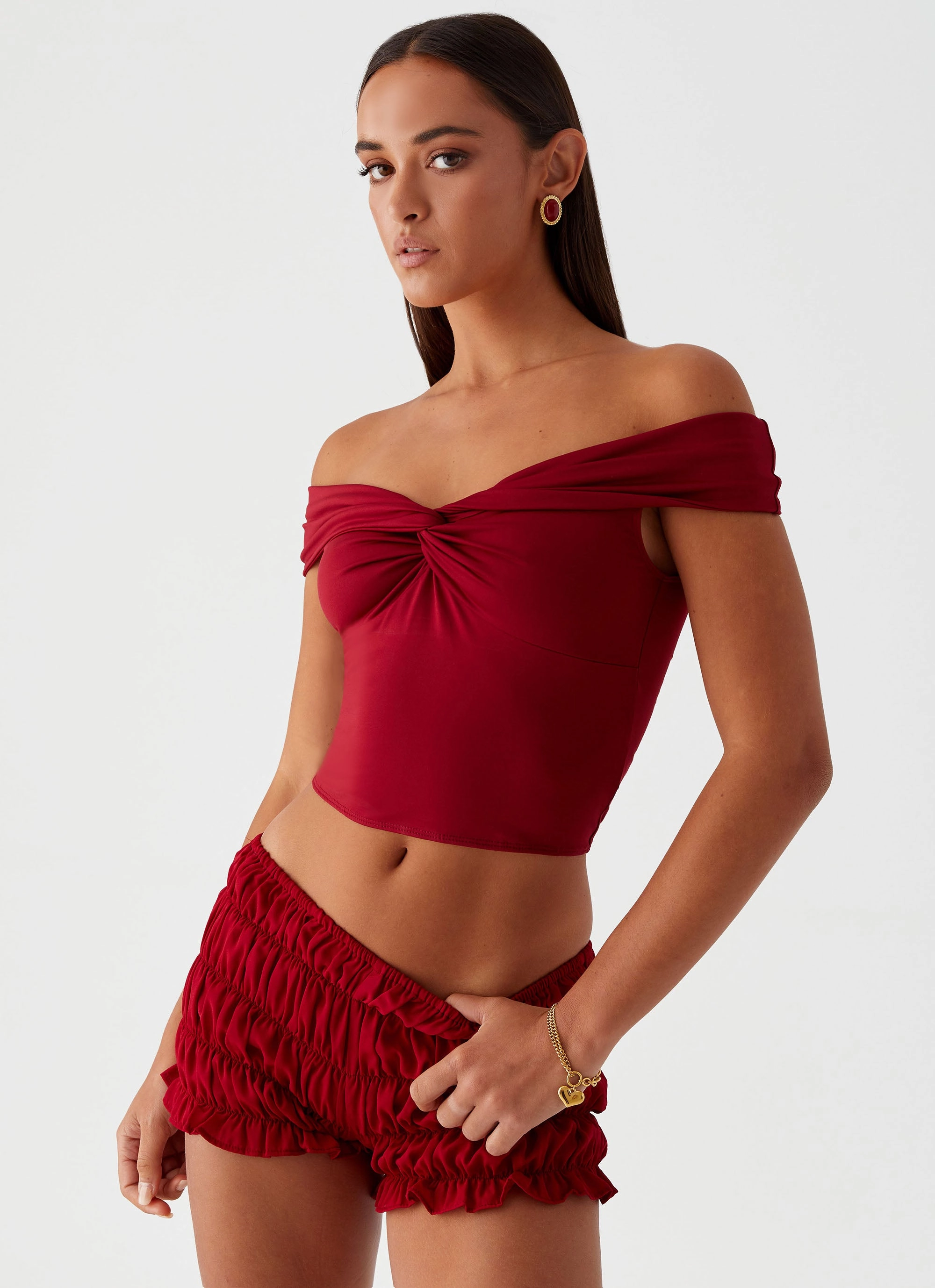 Convertible Sleeve Adaptation Trixie Twist Off Shoulder Top - Maroon