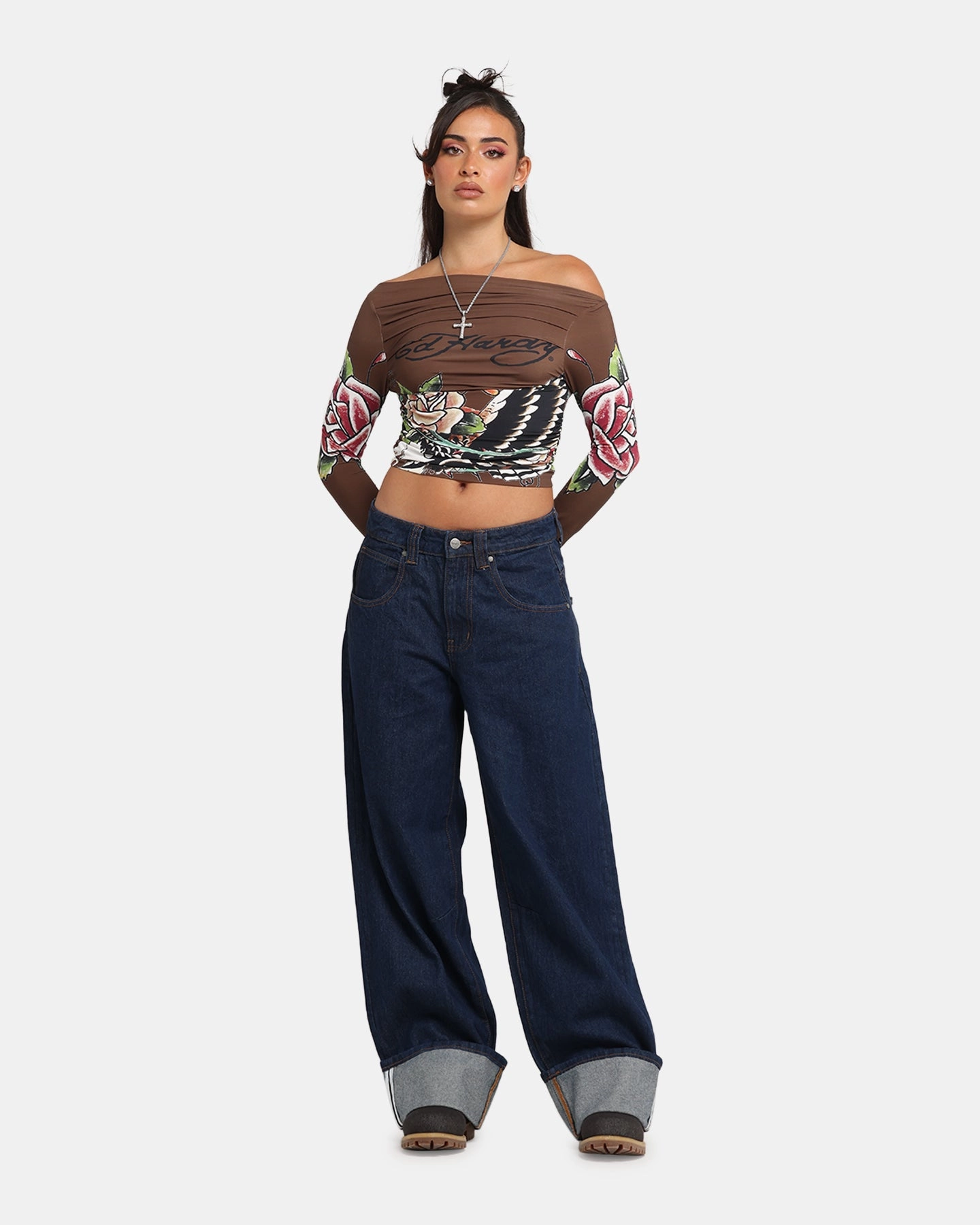 Ed Hardy Women's Eagle Long Sleeve T-Shirt Brown Grid Texture Fabric