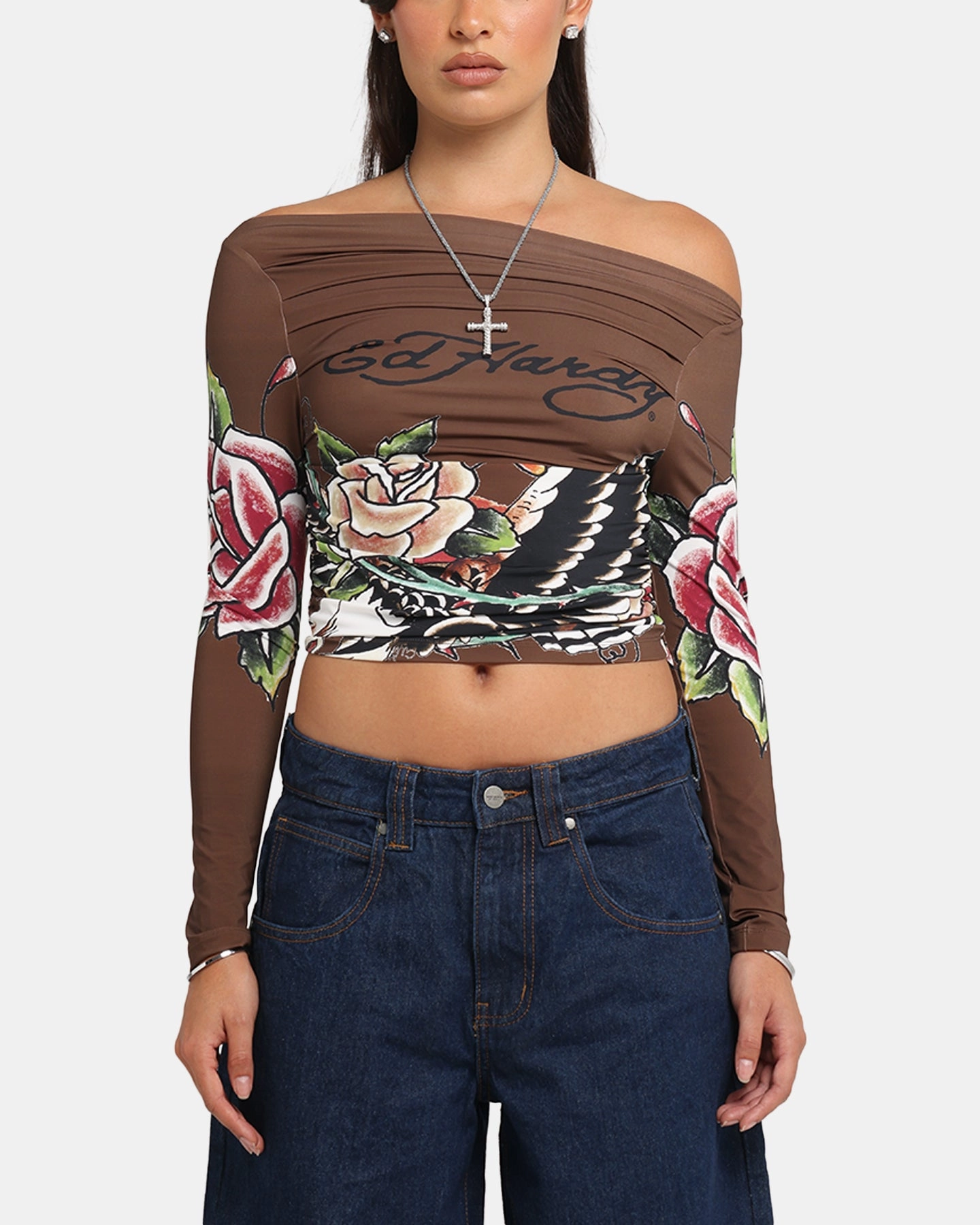 Ed Hardy Women's Eagle Long Sleeve T-Shirt Brown Relaxed Hoodie Durable Fiber Blend