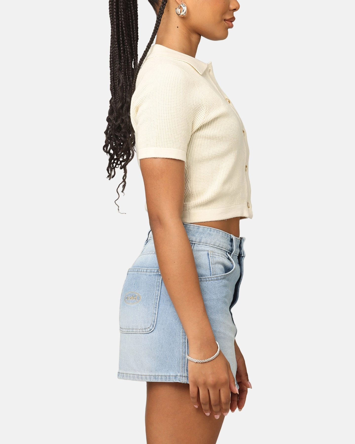 Ribbed Hem Finish XXIII Women's Cropped Zyair Button Up Shirt Cream