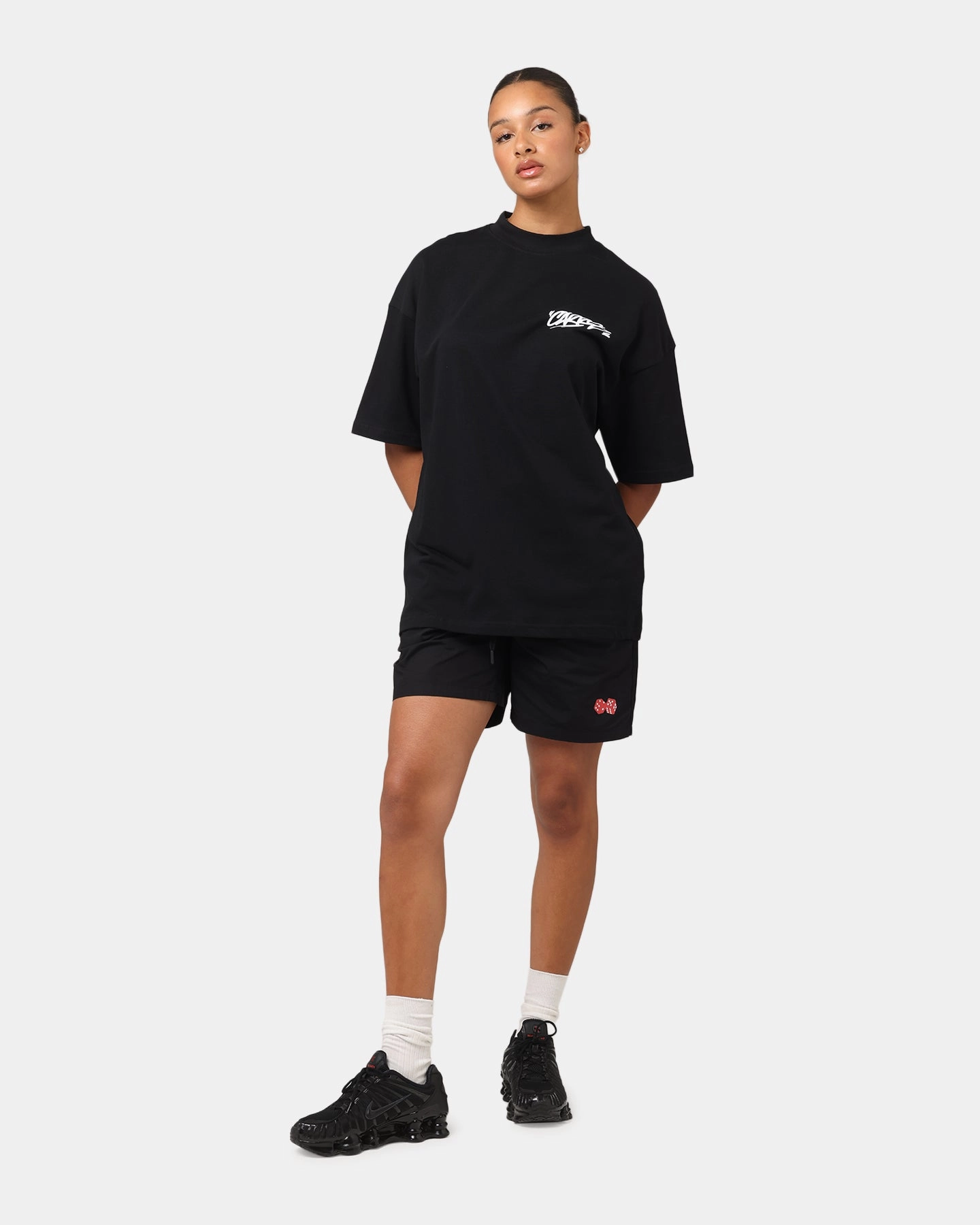 Carre Tag Mock Neck T-Shirt Black Double Layered Hem